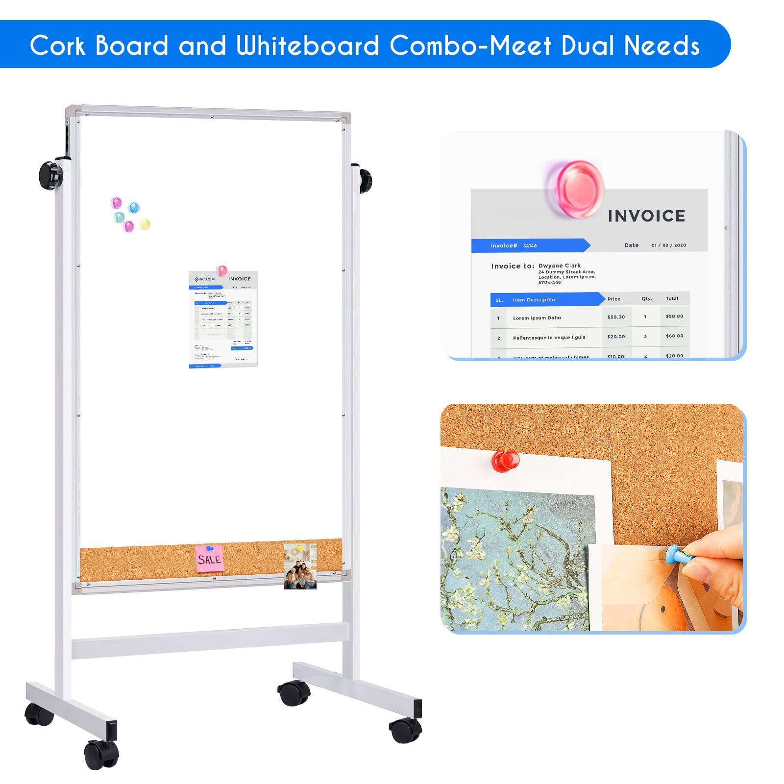 Cork Board and Whiteboard Combo-Meet Dual Needs

INVOICE

Invoice To: Dwayne Clark  
Location: 123456789  
Date: 01/01/2020

| Item Description | Price | Qty | Total |
|-----------------|-------|-----|-------|
| Lorem Ipsum Dolor | $80.00 | 1   | $80.00 |
| Pellentesque Ipsum | $20.00 | 3   | $60.00 |
| Lorem Ipsum Dolor | $10.00 | 1   | $10.00 |

Total: $150.00

SALE