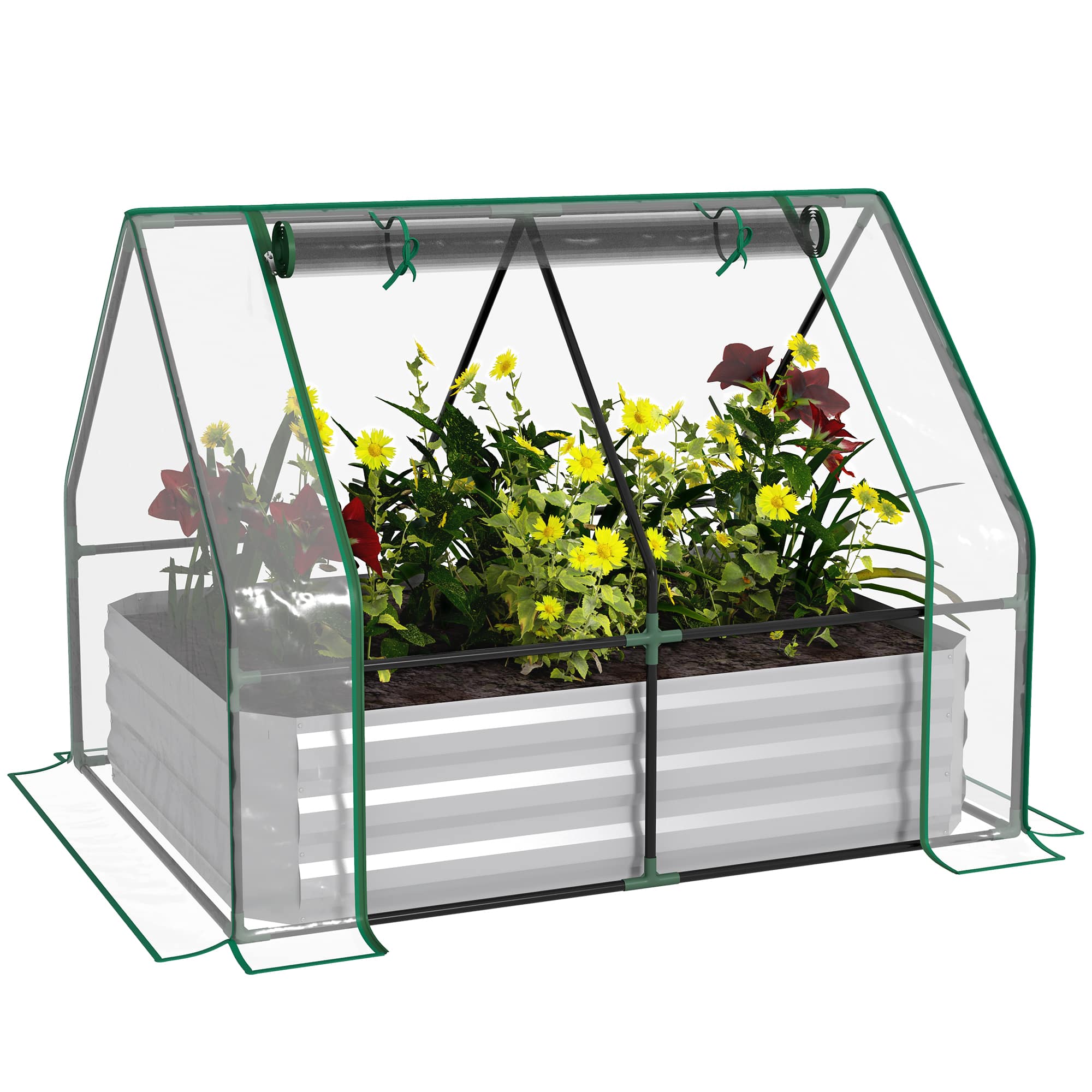 Outsunny - 4 x 3 x 3ft Raised Garden Bed with Mini Greenhouse, Galvanized Raised Garden Bed with Cover - Clear
