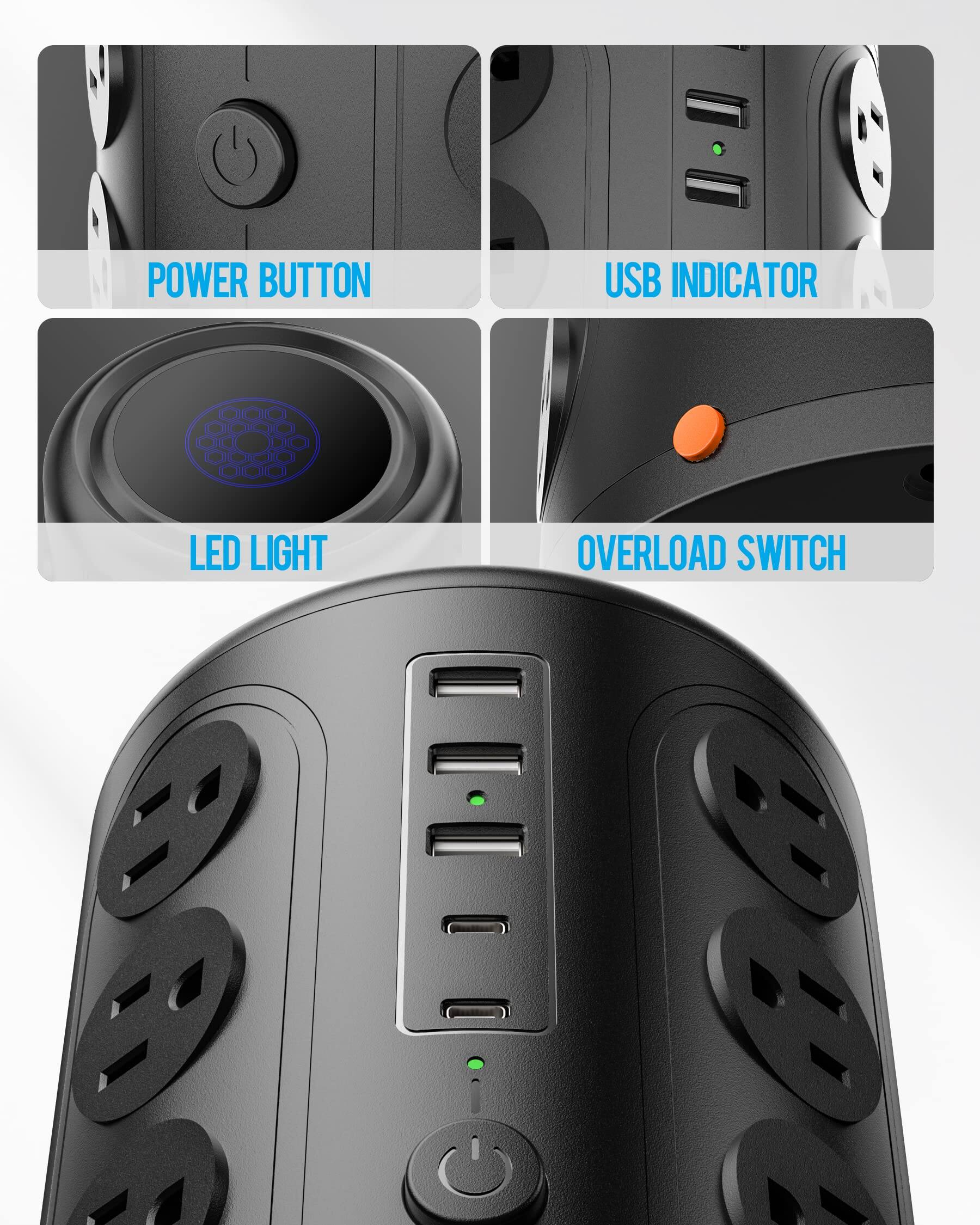 - POWER BUTTON
- USB INDICATOR
- LED LIGHT
- OVERLOAD SWITCH