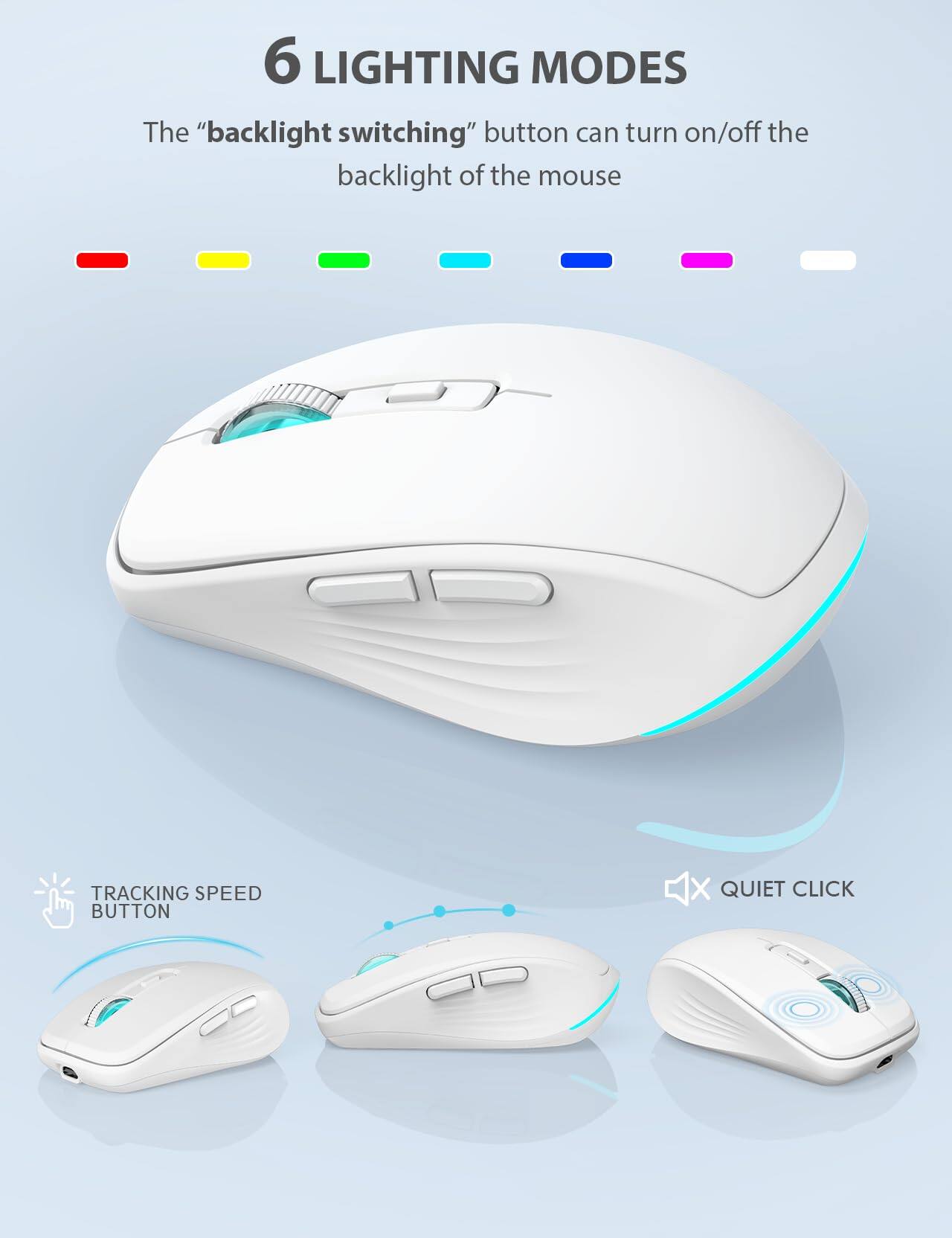 6 LIGHTING MODES

The "backlight switching" button can turn on/off the backlight of the mouse

TRACKING SPEED BUTTON

QUIET CLICK