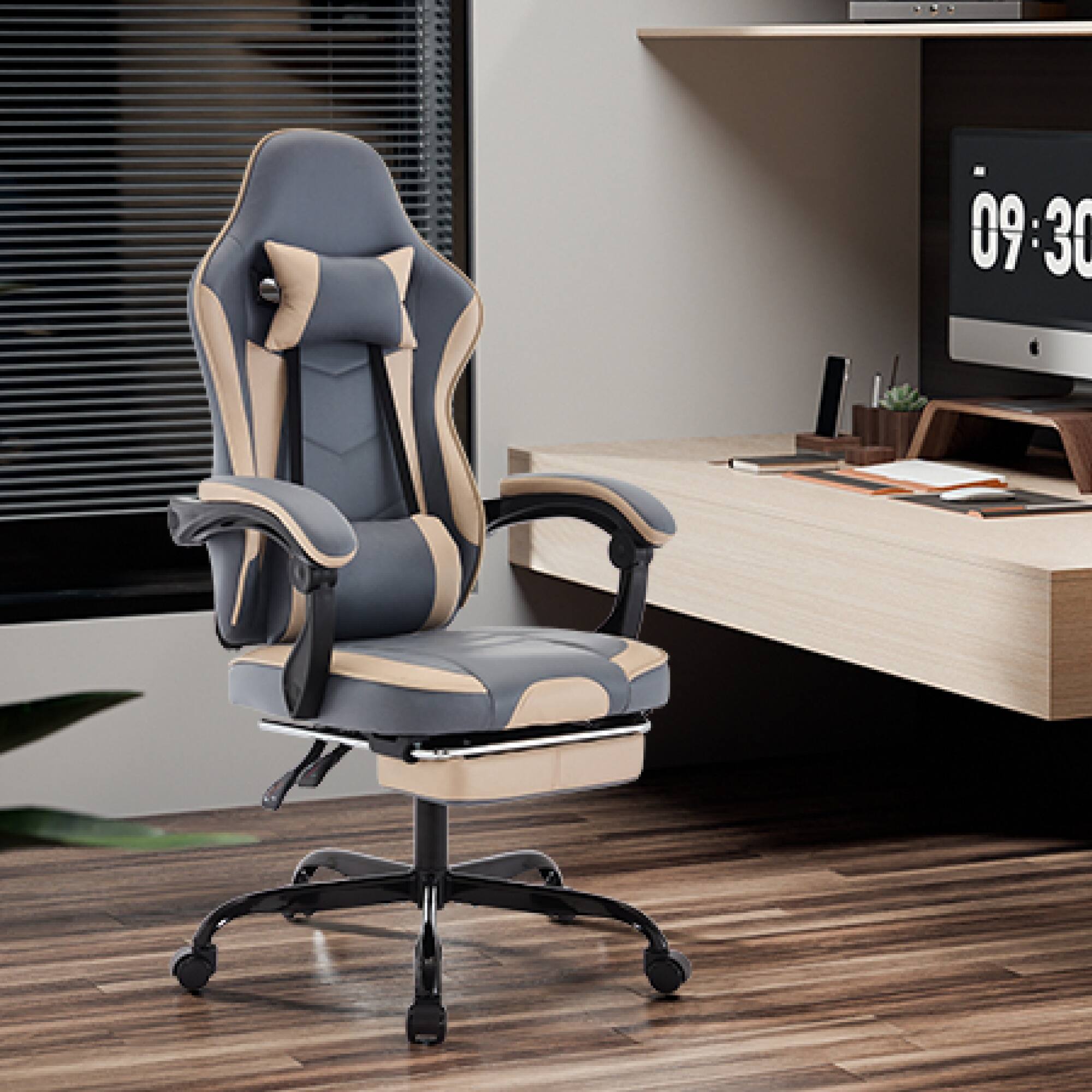 Alt View 10. GOODSILO - Ergonomic Gaming Chair with Adjustable Footrest and Massage Lumbar Support for Enhanced Comfort and Posture - Beige+Blue.