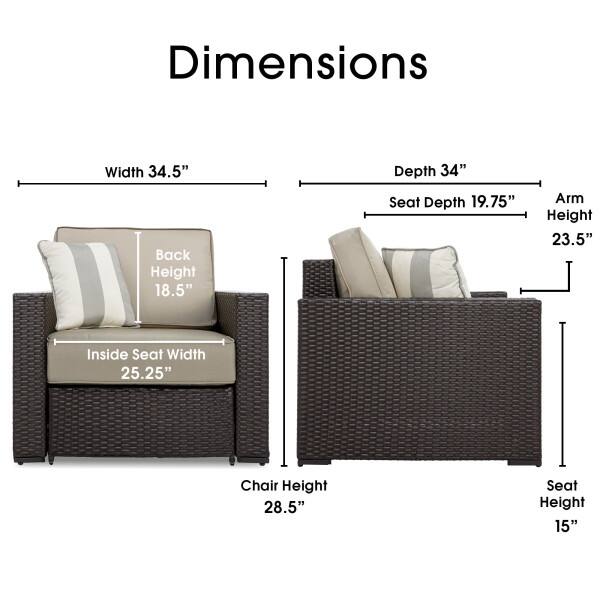 Dimensions  
Width 34.5"  
Depth 34"  
Back Height 18.5"  
Seat Depth 19.75"  
Arm Height 23.5"  
Inside Seat Width 25.25"  
Chair Height 28.5"  
Seat Height 15"