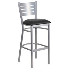 Emma + Oliver - Silver Slat Back Metal Restaurant Dining Barstool - Black Vinyl Seat/Silver Frame