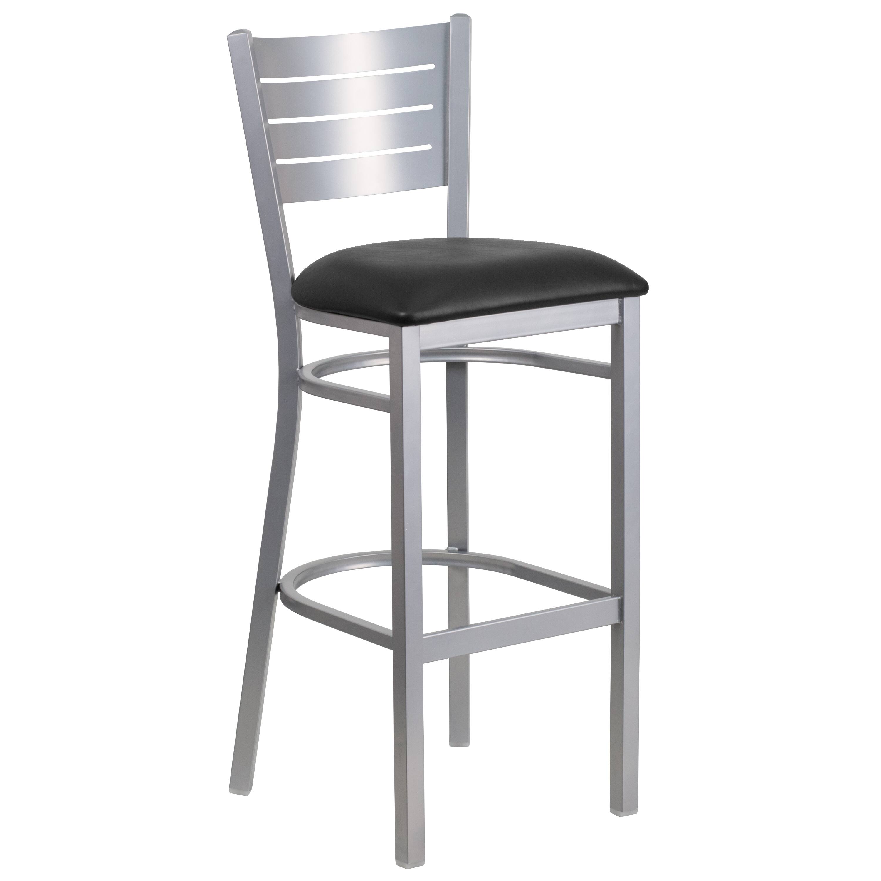 Front. Emma + Oliver - Silver Slat Back Metal Restaurant Dining Barstool - Black Vinyl Seat/Silver Frame.