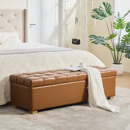 Front. Ropilly - Ropilly Tufted PU Leather Storage Bench Burnt Brown End of Bed Ottoman with Flip Top - Burnt Brown.
