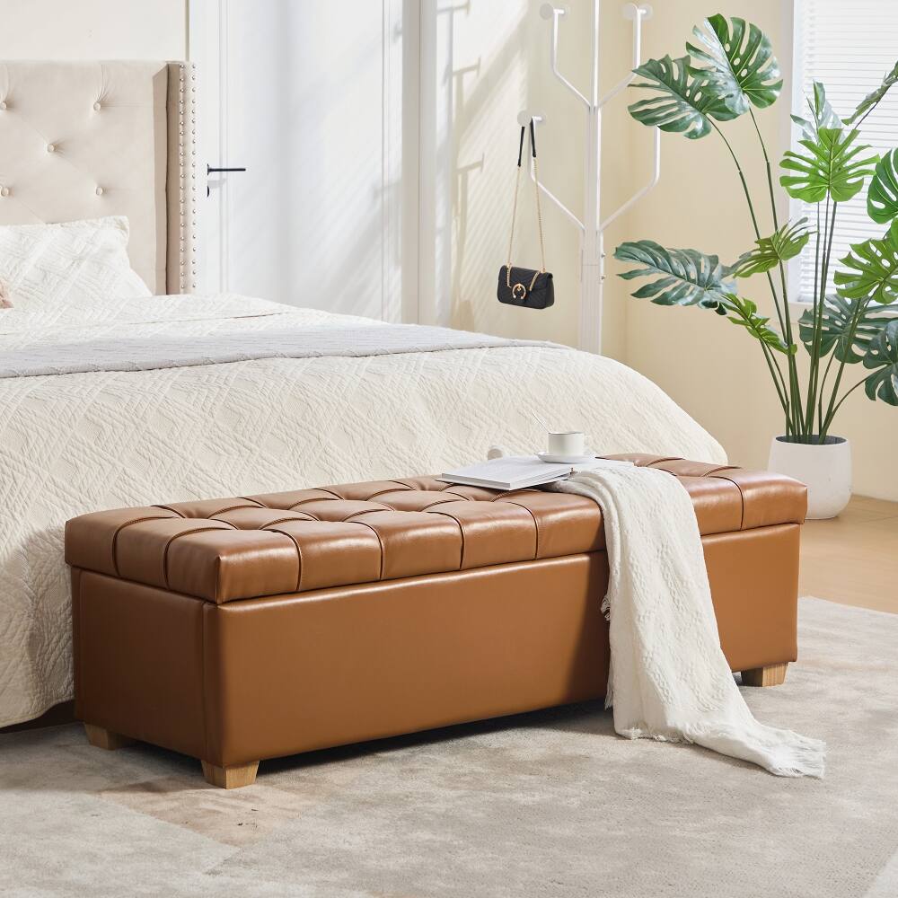 Front. Ropilly - Ropilly Tufted PU Leather Storage Bench Burnt Brown End of Bed Ottoman with Flip Top - Burnt Brown.