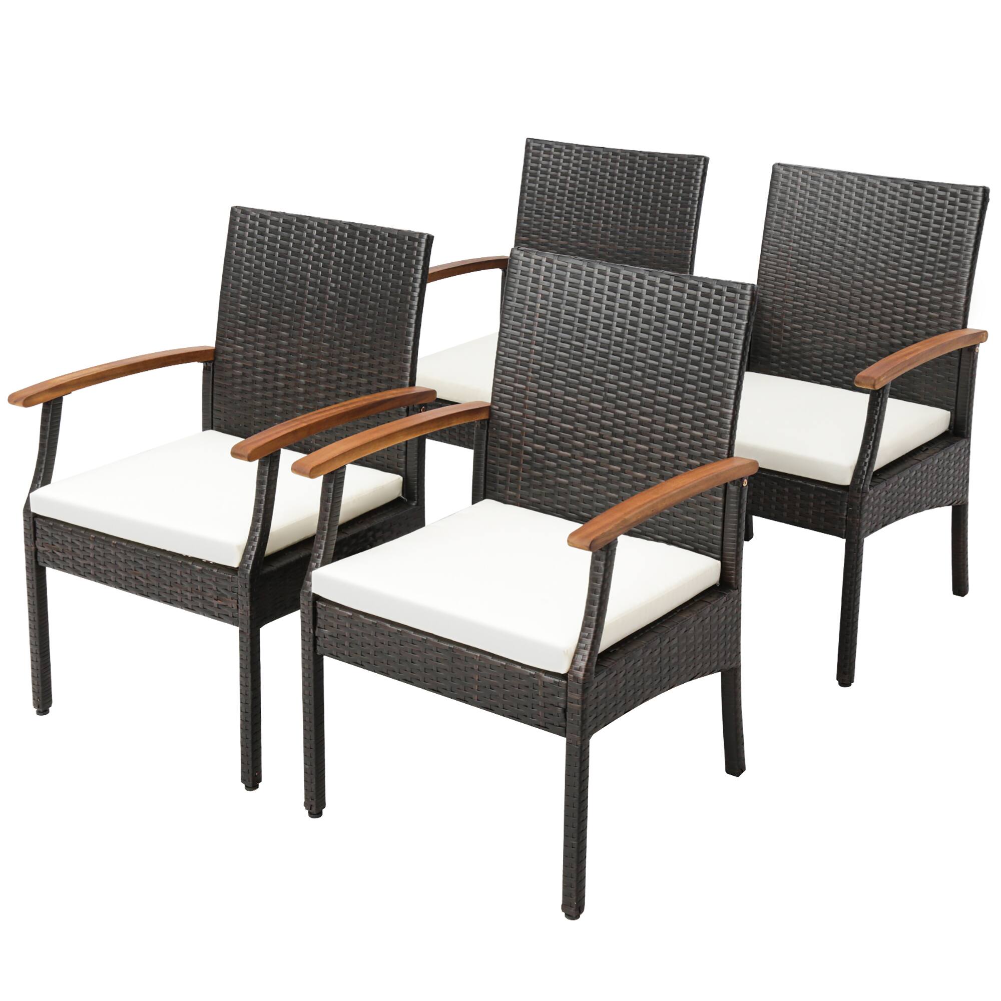 Gymax - Set of 4 PE Wicker Chairs Acacia Wood Armrests w/ White Soft Zippered Cushion Patio - Mix Brown, White price history on PriceWatchPro