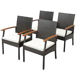 Gymax - Set of 4 PE Wicker Chairs Acacia Wood Armrests w/ White Soft Zippered Cushion Patio - Mix Brown, White