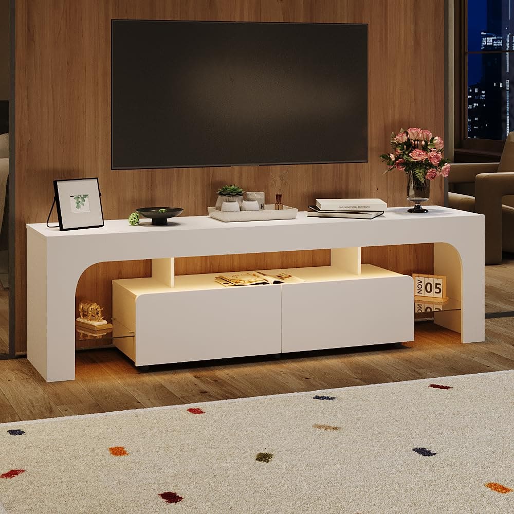 Acekool - 63 Inch TV Stand, Modern Lighting TV Cabinet Entertainment Center Media with 2 Drawer, Open Shelf - White