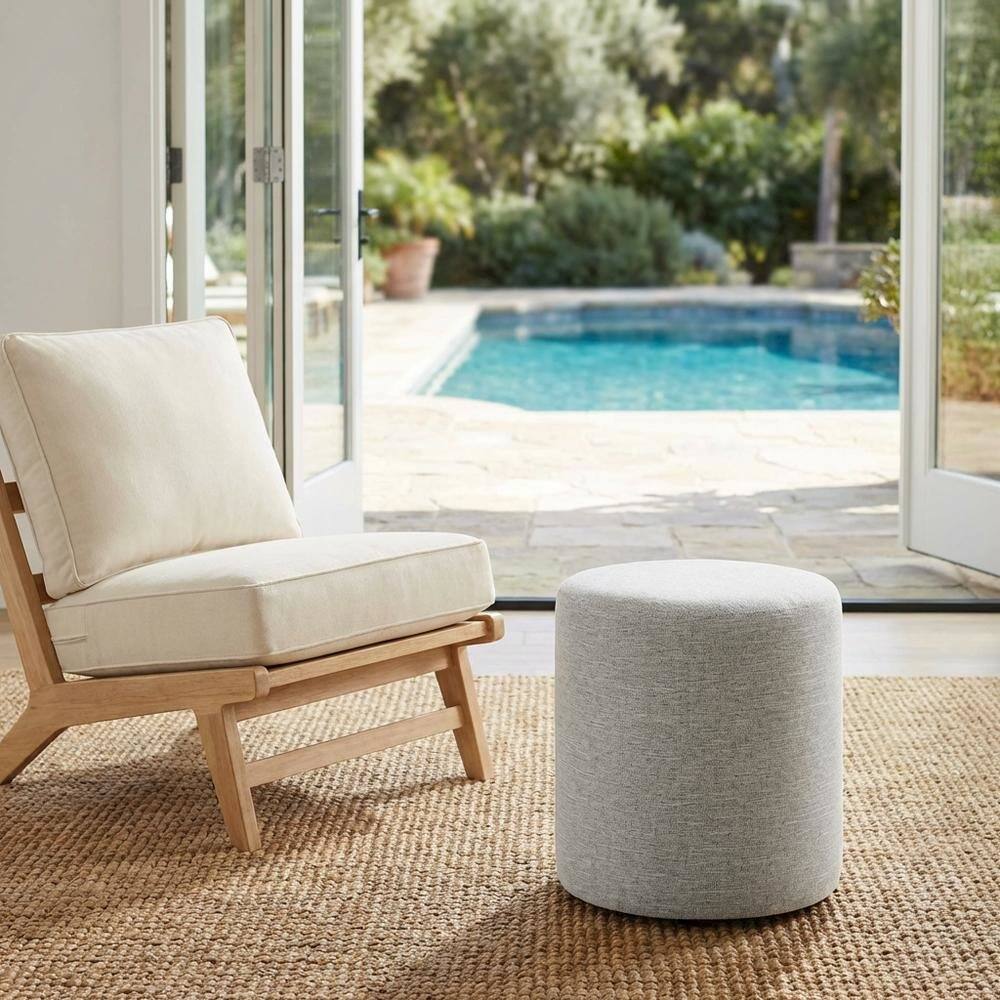 Left. Outdoor Escape - 16" Round Heathered Fabric Upholstered Ottoman for Outdoor Living - Gray.