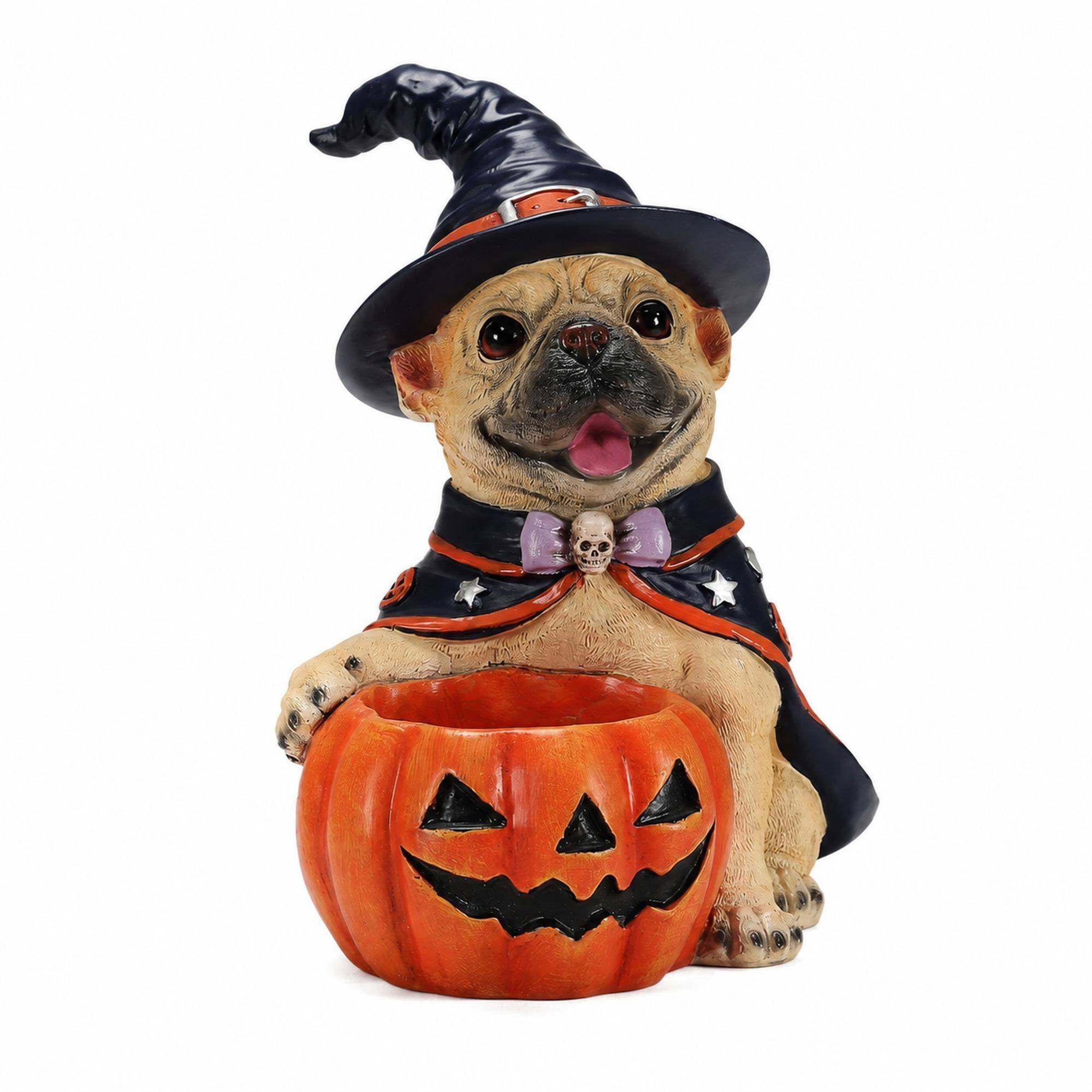 Front. RYHNUYNE - Halloween French Bulldog Witch Figurine with Pumpkin Candy Bowl Decoration, Cute Puppy Resin Statue for Tabletop - Beige.