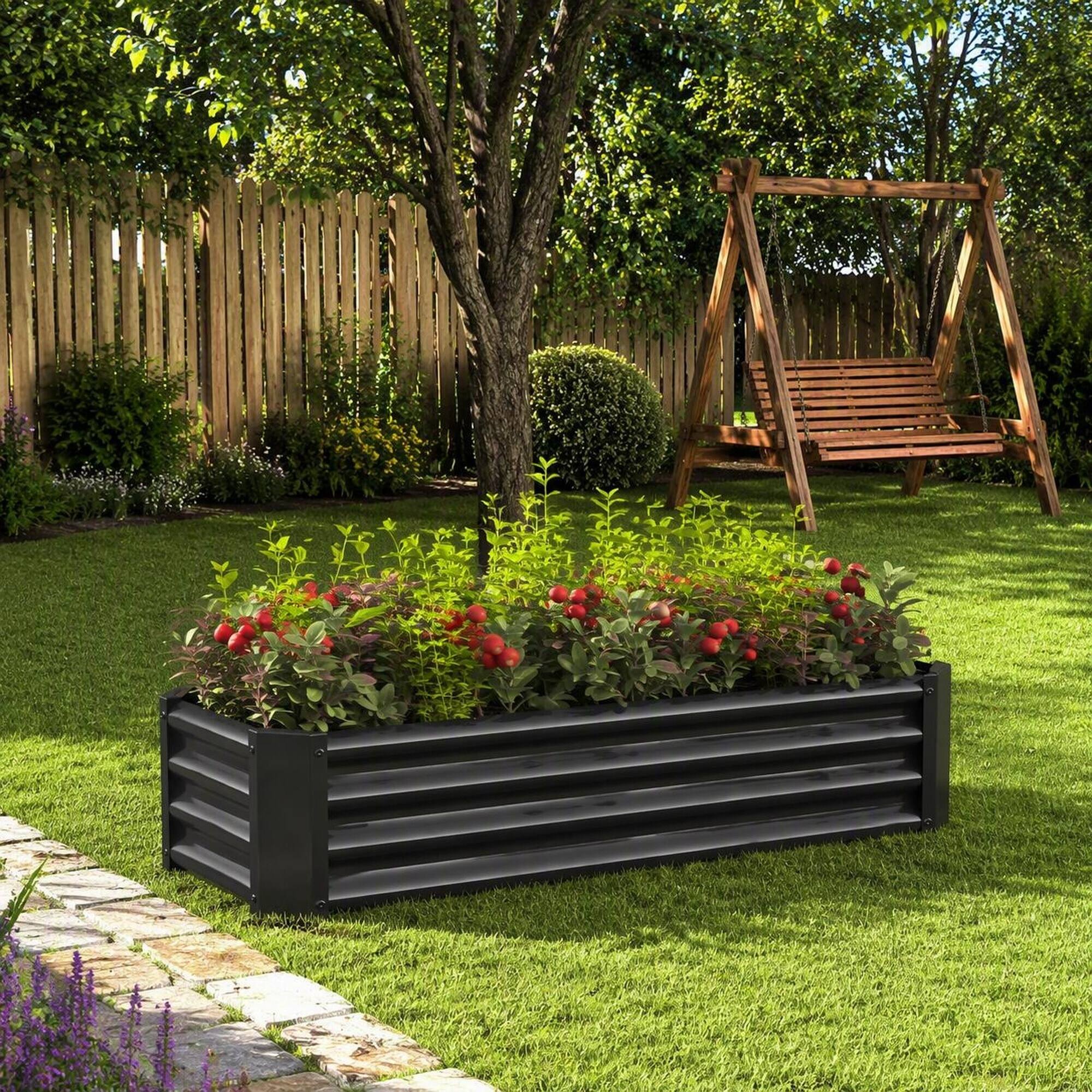 Alt View 2. RYHNUYNE - Rectangular Metal Raised Garden Bed 4x2x1ft Elevated Planter Box for Vegetables Flowers Herbs Black - Black.