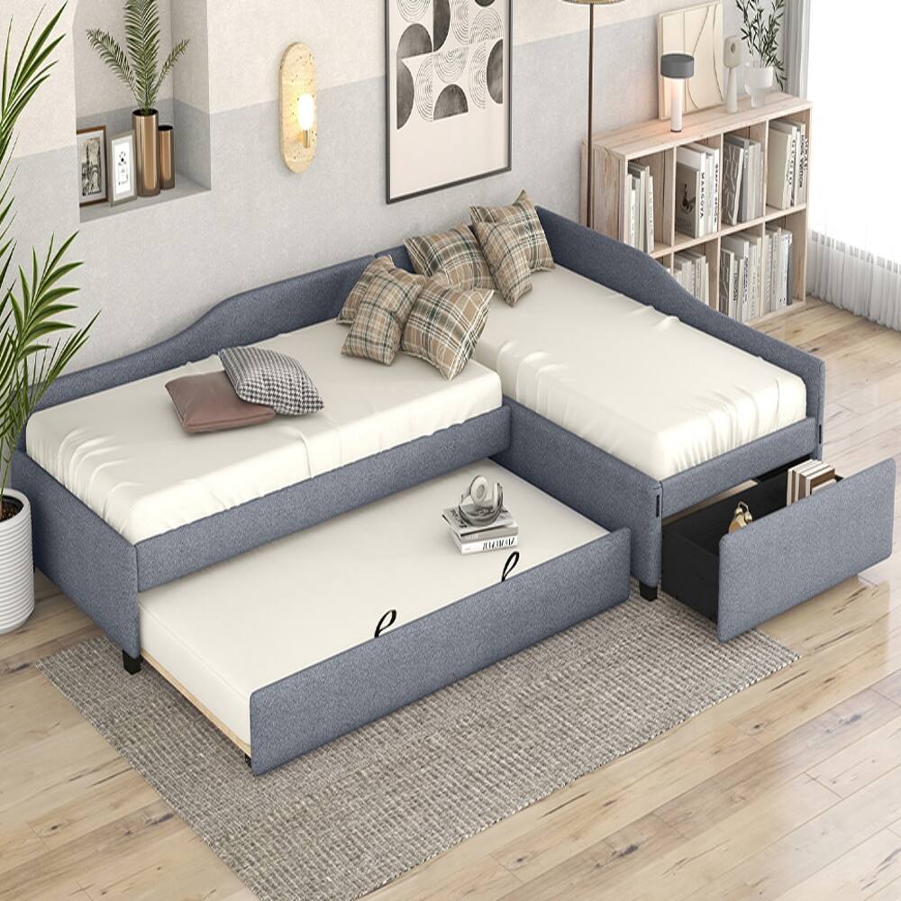 Back. Loheer - Loheer Double Twin Daybed with Trundle Upholstered Gray - Gray.