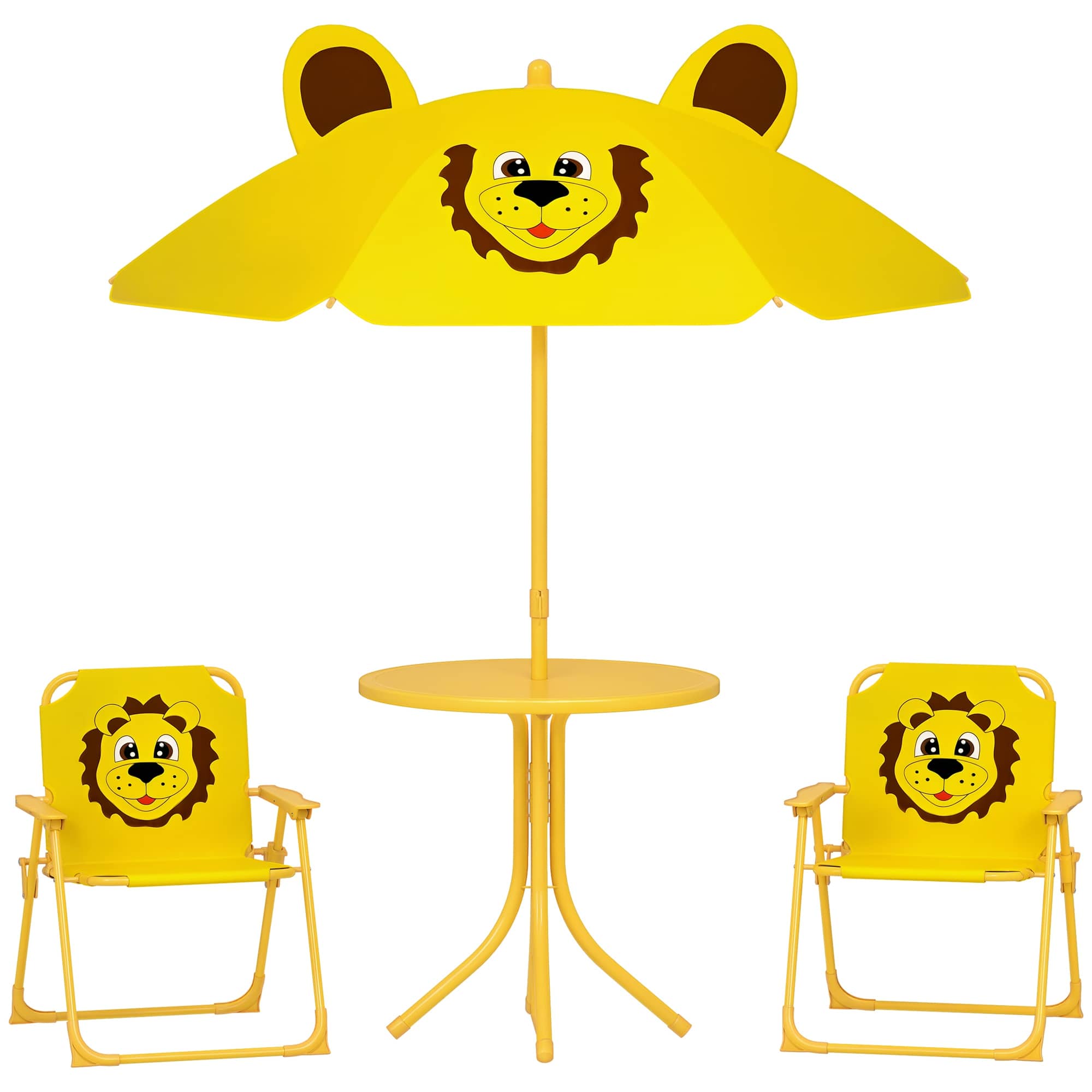 Qaba - Kids Picnic Table and Chair Set, Outdoor Activity Table with Foldable Chairs, Removable Umbrella, Lion Pattern - Yellow