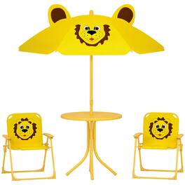 Qaba - Kids Picnic Table and Chair Set, Outdoor Activity Table with Foldable Chairs, Removable Umbrella, Lion Pattern - Yellow