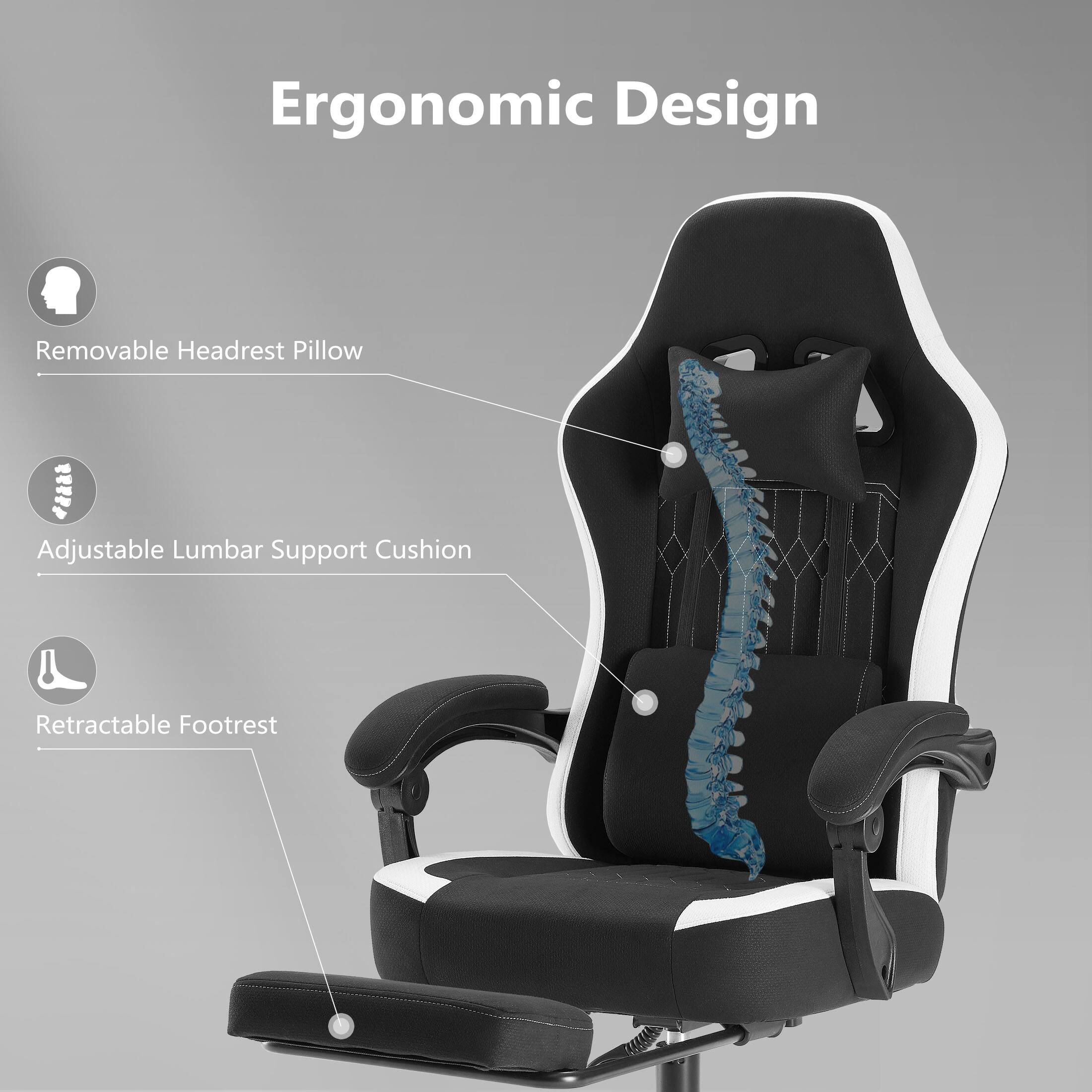 Ergonomic Design  
- Removable Headrest Pillow  
- Adjustable Lumbar Support Cushion  
- Retractable Footrest