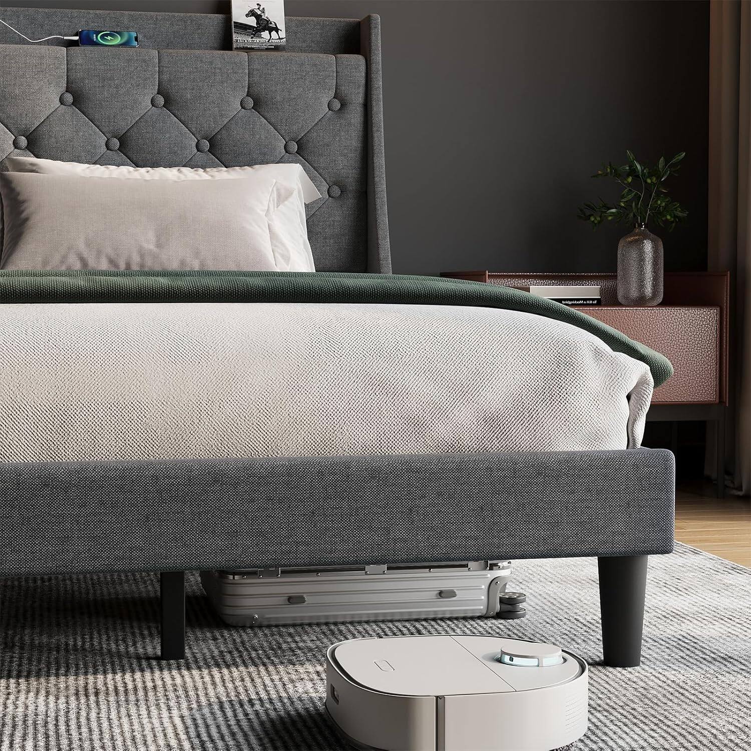 Alt View 4. Qeetex - Upholstered Bed Frame with Deep Button Tufted Headboard, Wood Slats, Storage Shelf & Charging Station, Dark Gray - Grey.