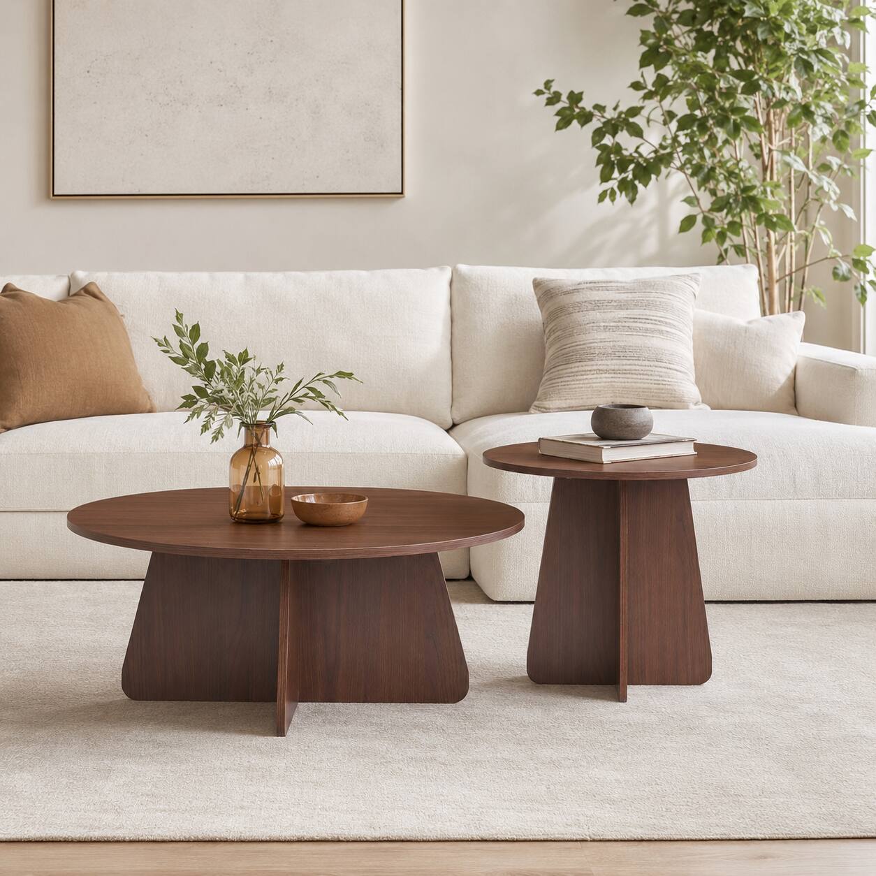 Angle. Whisen - 2-Piece Round Nesting Coffee Table Set for Living Room, Minimalist Modern Entryway Side Tables - Walnut.
