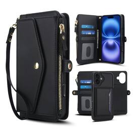 Dteck - Crossbody RFID Blocking Zipper Wallet Card For iPhone 17 Handbag Magnetic Kickstand Wrist Strap Case - Black