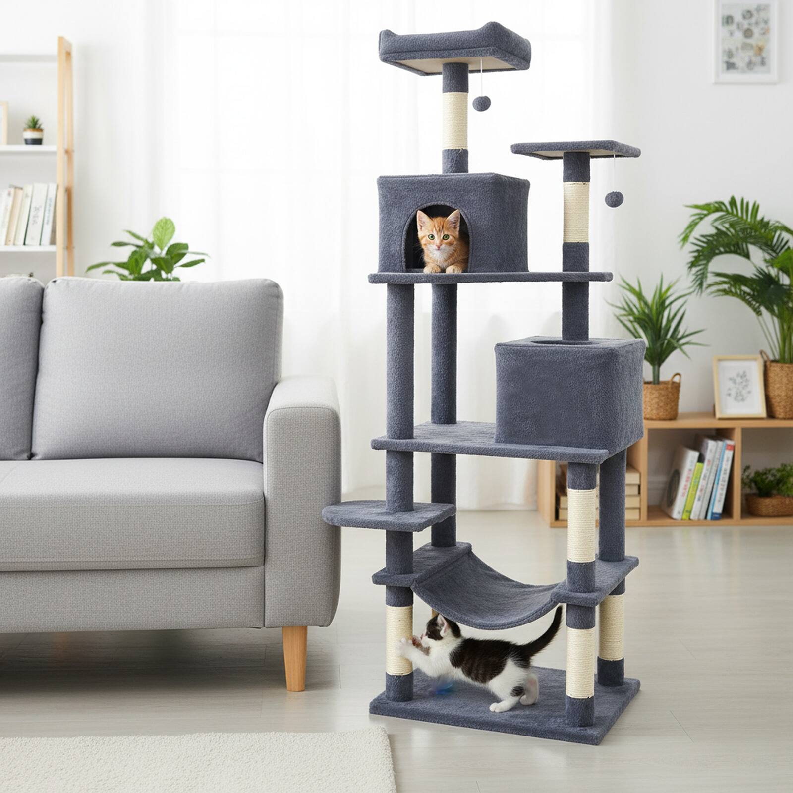 Alt View 3. Costway - Costway 70" Cat Tree for Indoor Cats with Padded Top Perch, Dual Condos, Hammock, Platforms - Dark Gray.