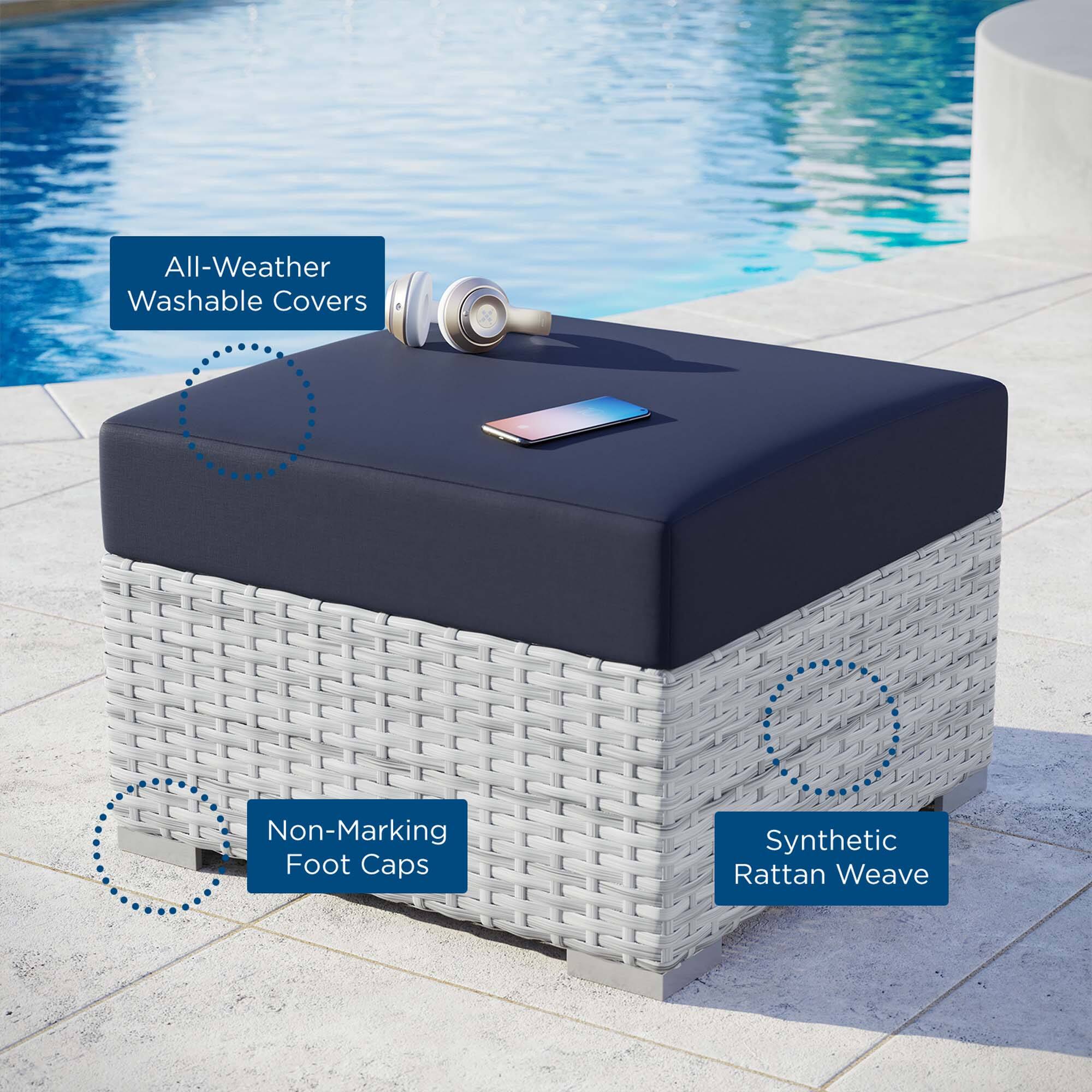 All-Weather Washable Covers  
Non-Marking Foot Caps  
Synthetic Rattan Weave