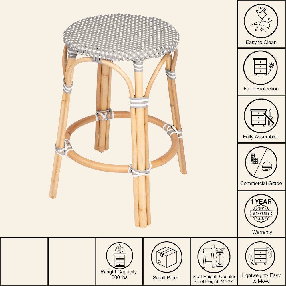 Easy to Clean  
Floor Protection  
Fully Assembled  
Commercial Grade  
1 YEAR WARRANTY  
Weight Capacity- 500 lbs  
Small Parcel  
Seat Height- Counter Stool Height 24"-27"  
Lightweight- Easy to Move