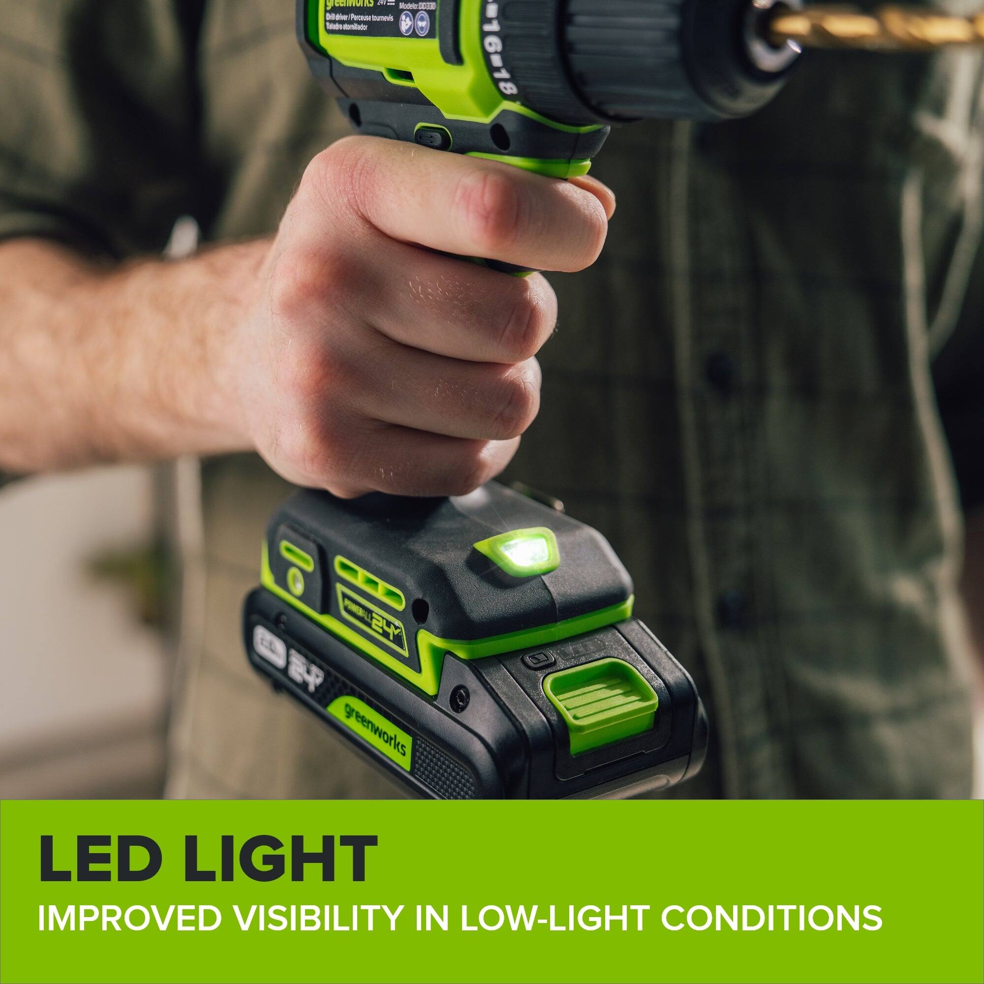 geans  
Mode:00330  
DO biver Perceuse buneis Tolado utornitador  
16-18  
24 30  
greenworks LED LIGHT IMPROVED VISIBILITY IN LOW-LIGHT CONDITIONS