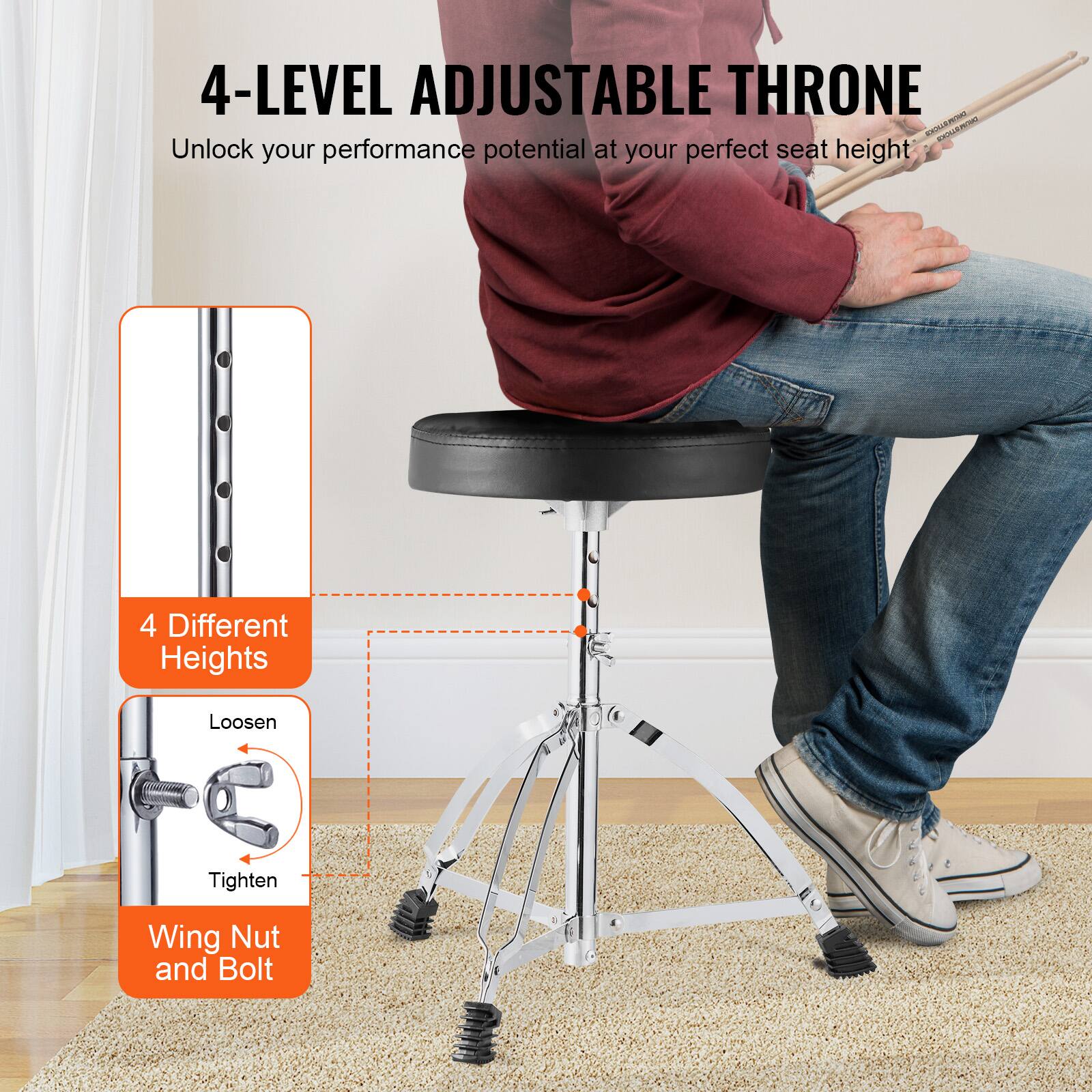 4-LEVEL ADJUSTABLE THRONE  
Unlock your performance potential at your perfect seat height  

4 Different Heights  
Loosen Tighten Wing Nut and Bolt