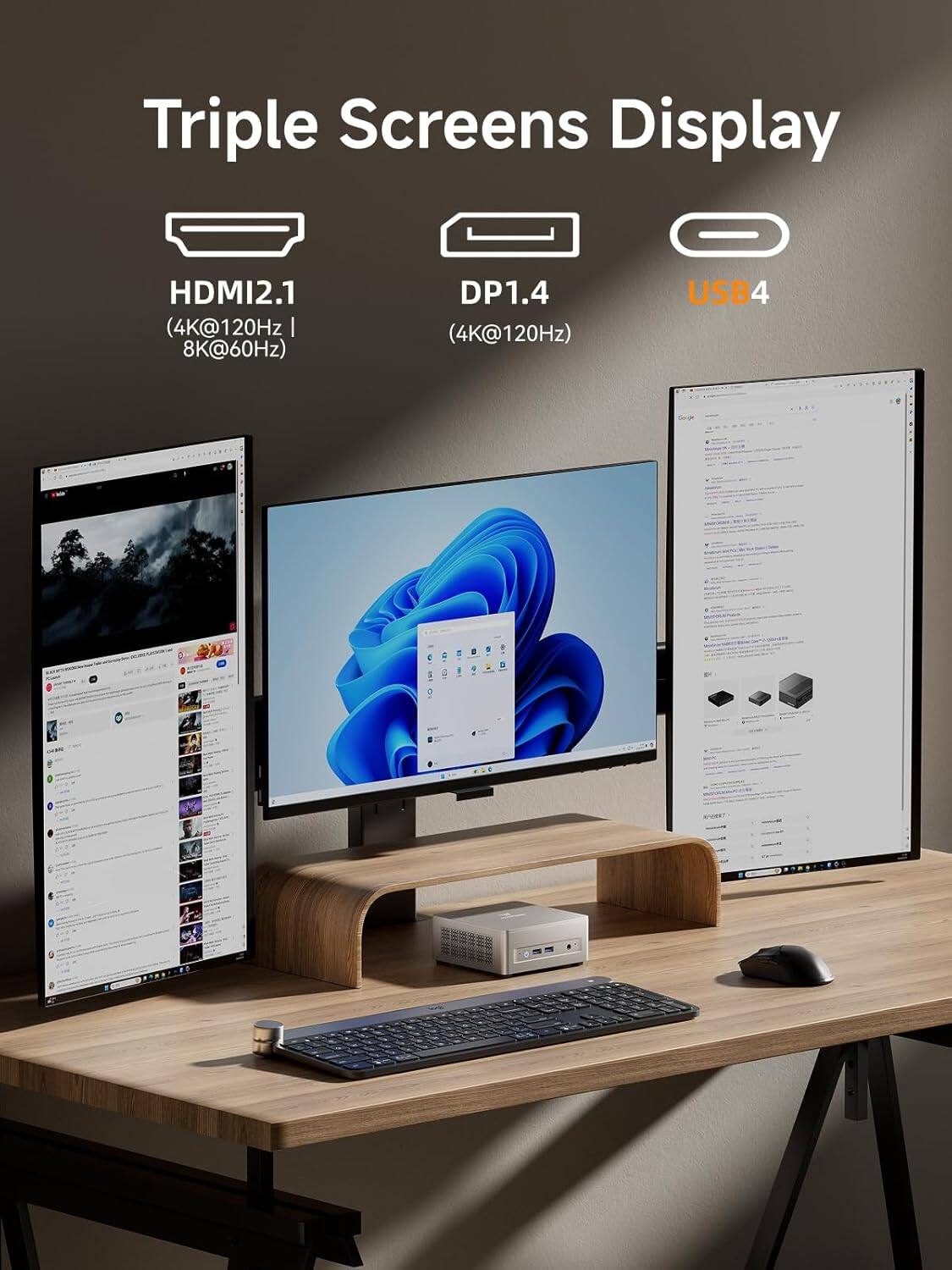 Triple Screens Display

HDMI2.1  
(4K@120Hz | 8K@60Hz)

DP1.4  
(4K@120Hz)

USB4