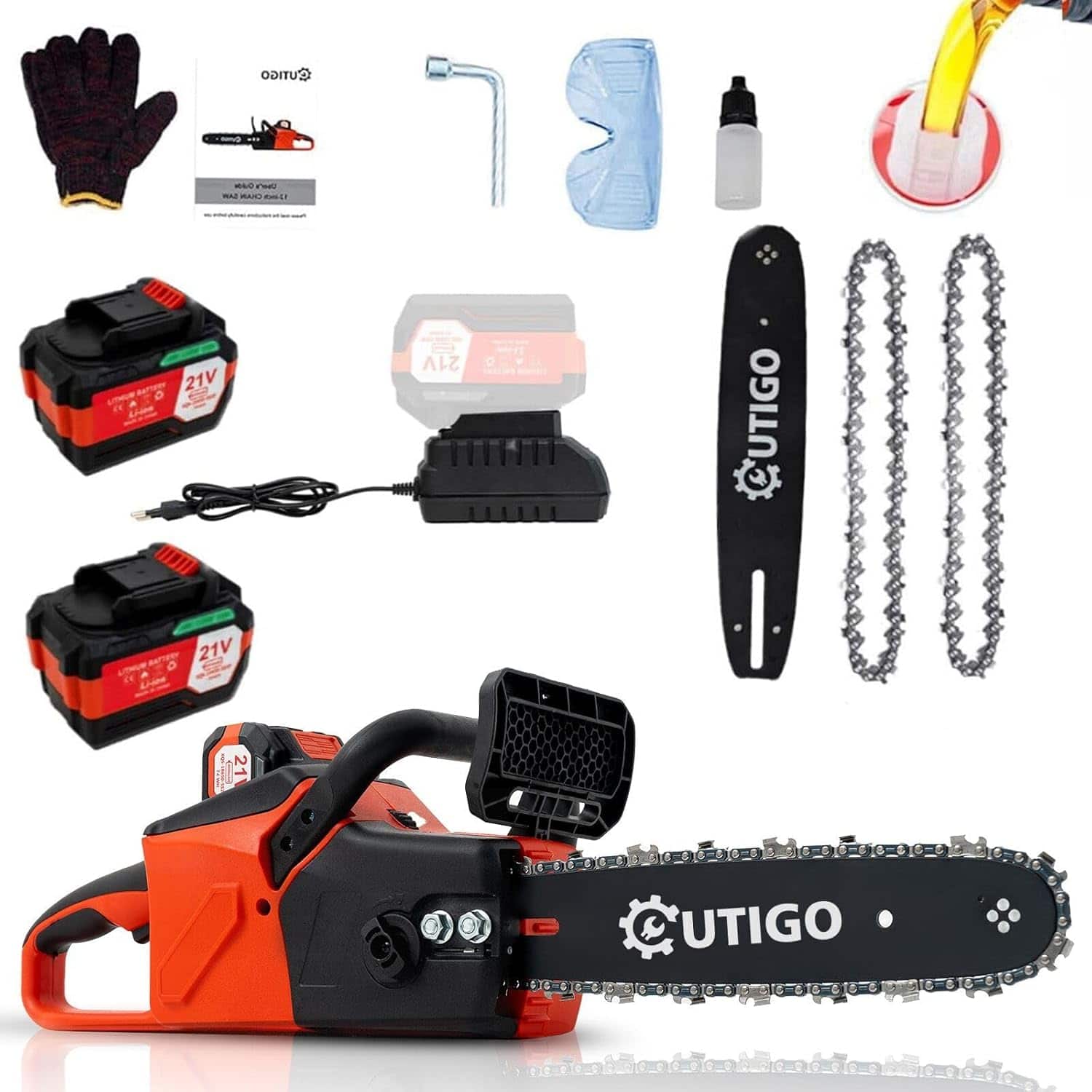 OUTIGO - 12inch Cordless Electric Chainsaw, with 2×21V 4Ah Batteries, 1000W Brushless Chainsaw, Chainsaw for cutting wood - Red
