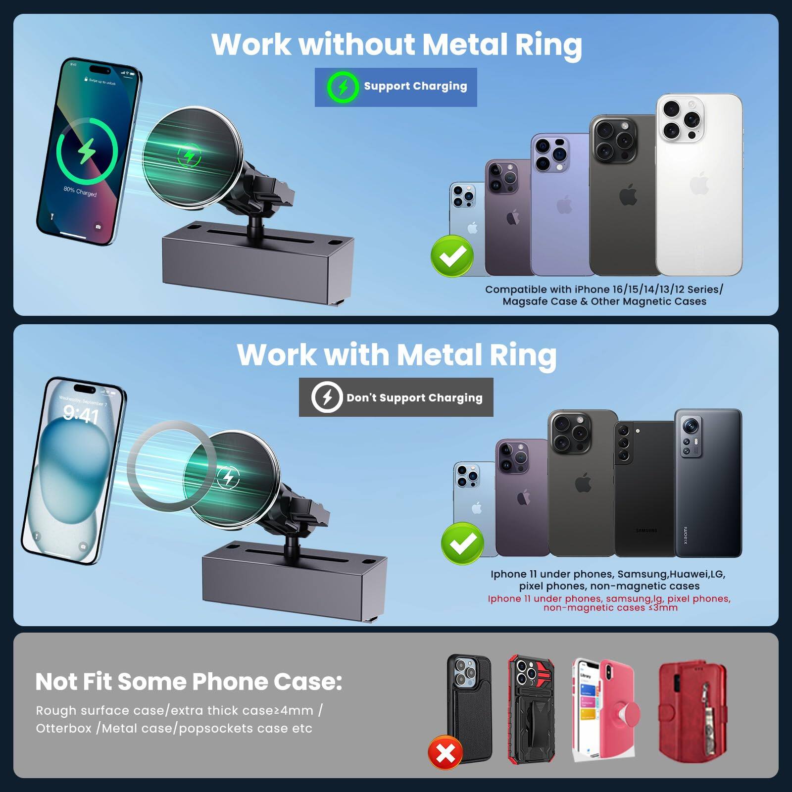 **Work without Metal Ring**  
- Support Charging  
- Compatible with iPhone 16/15/14/13/12 series / Magsafe Case & Other Magnetic Cases  

**Work with Metal Ring**  
- Don't Support Charging  
- iPhone 11 under phones, Samsung, Huawei, LG, pixel phones, non-magnetic cases  
- iPhone 11 under phones, Samsung, LG, pixel phones, non-magnetic cases 33mm  

**Not Fit Some Phone Case:**  
- Rough surface case/extra thick case24mm / Otterbox / Metal case/popsockets case etc