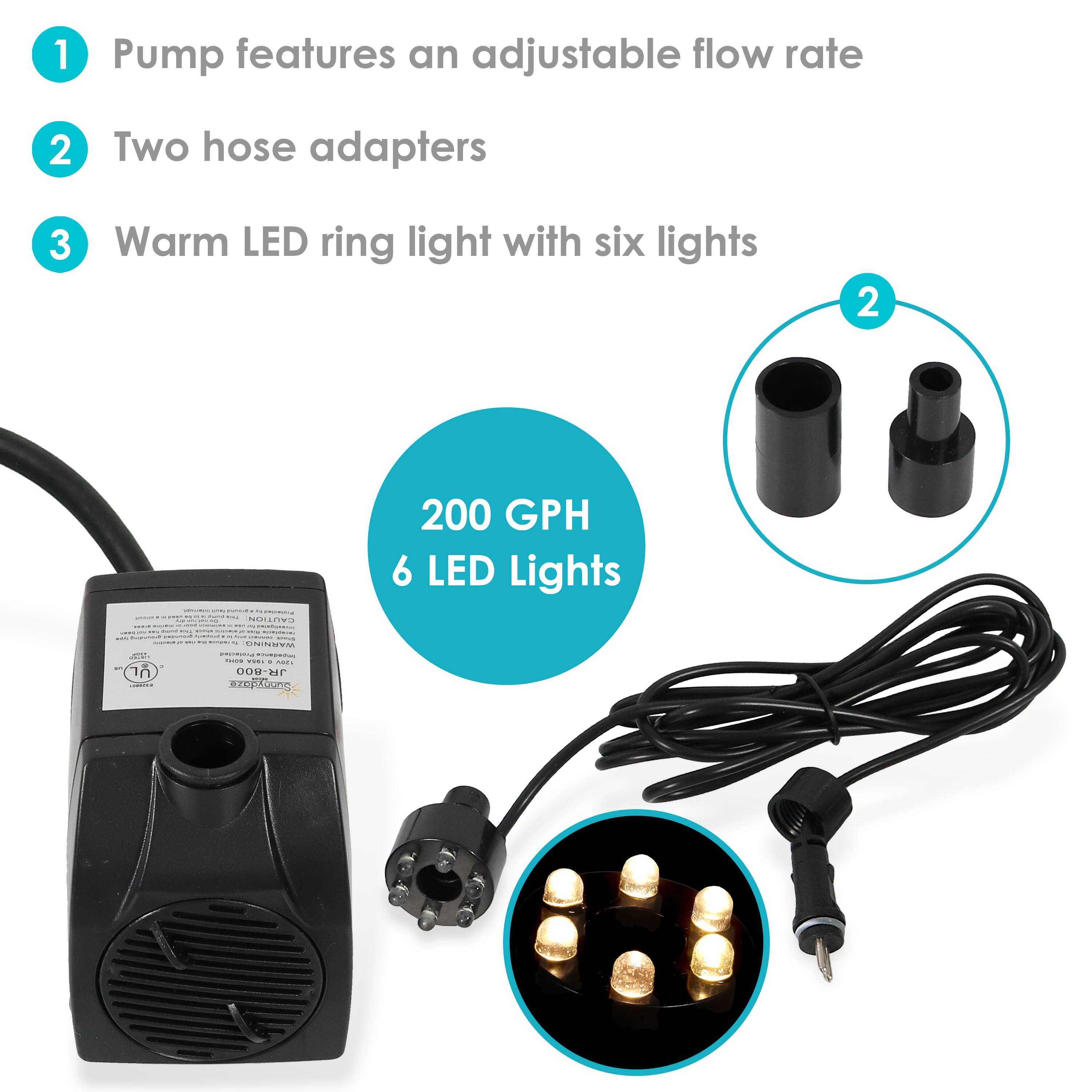 1. Pump features an adjustable flow rate
2. Two hose adapters
3. Warm LED ring light with six lights

200 GPH
6 LED Lights