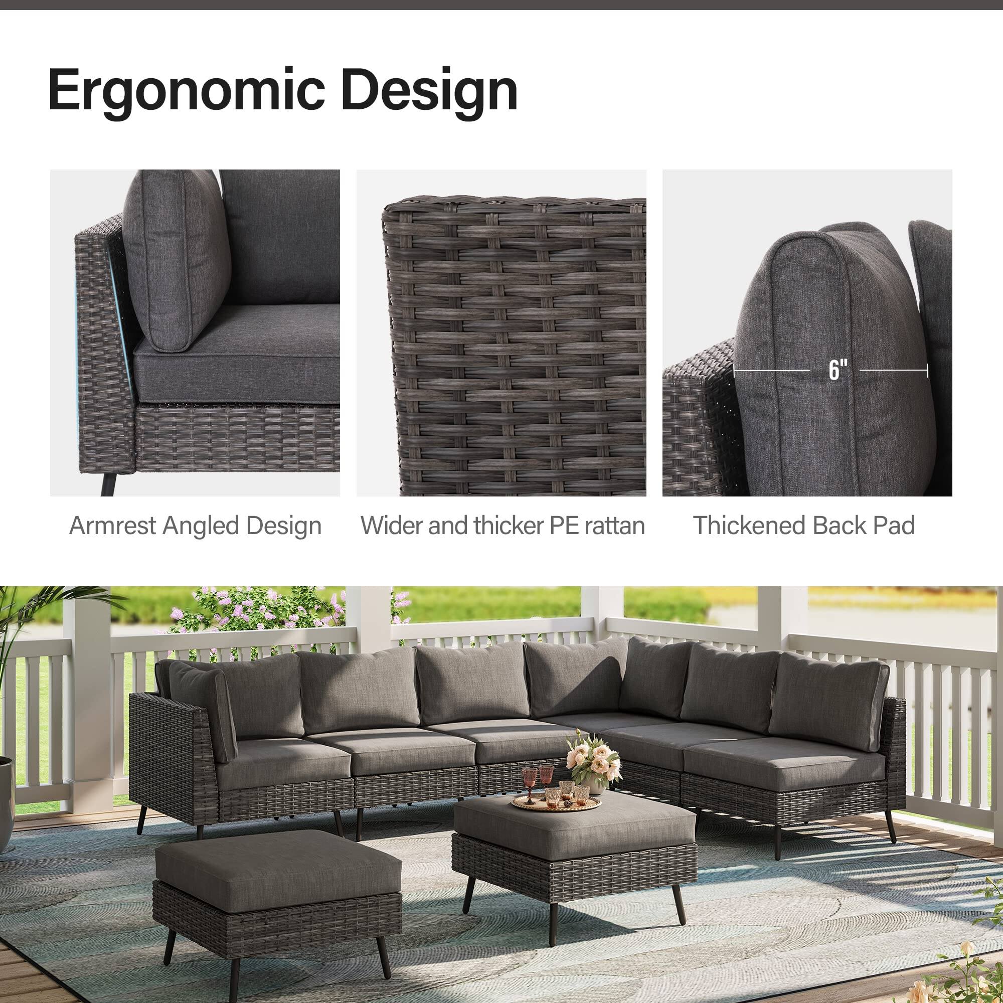 Ergonomic Design

- Armrest Angled Design
- Wider and thicker PE rattan
- Thickened Back Pad