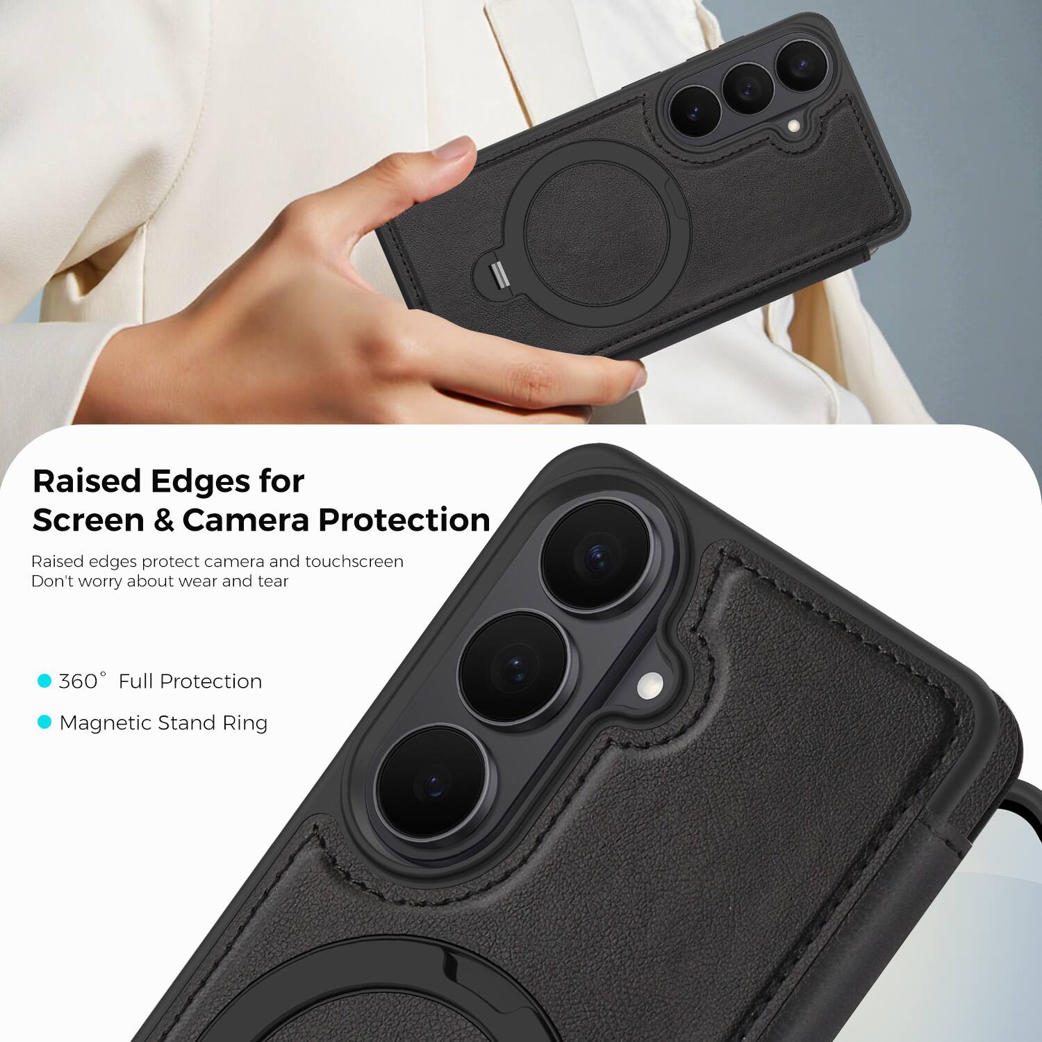Raised Edges for Screen & Camera Protection  
Raised edges protect camera and touchscreen  
Don't worry about wear and tear  

360° Full Protection  
Magnetic Stand Ring