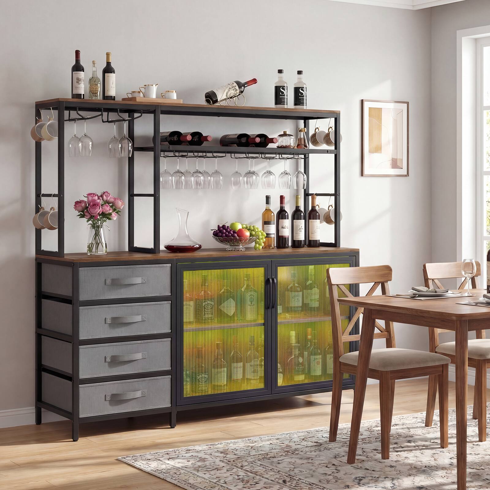 Alt View 3. Gymax - Gymax Sideboard Buffet Cabinet w/ LED Lights 55'' Coffee Table w/ Power Outlets Brown - Brown.