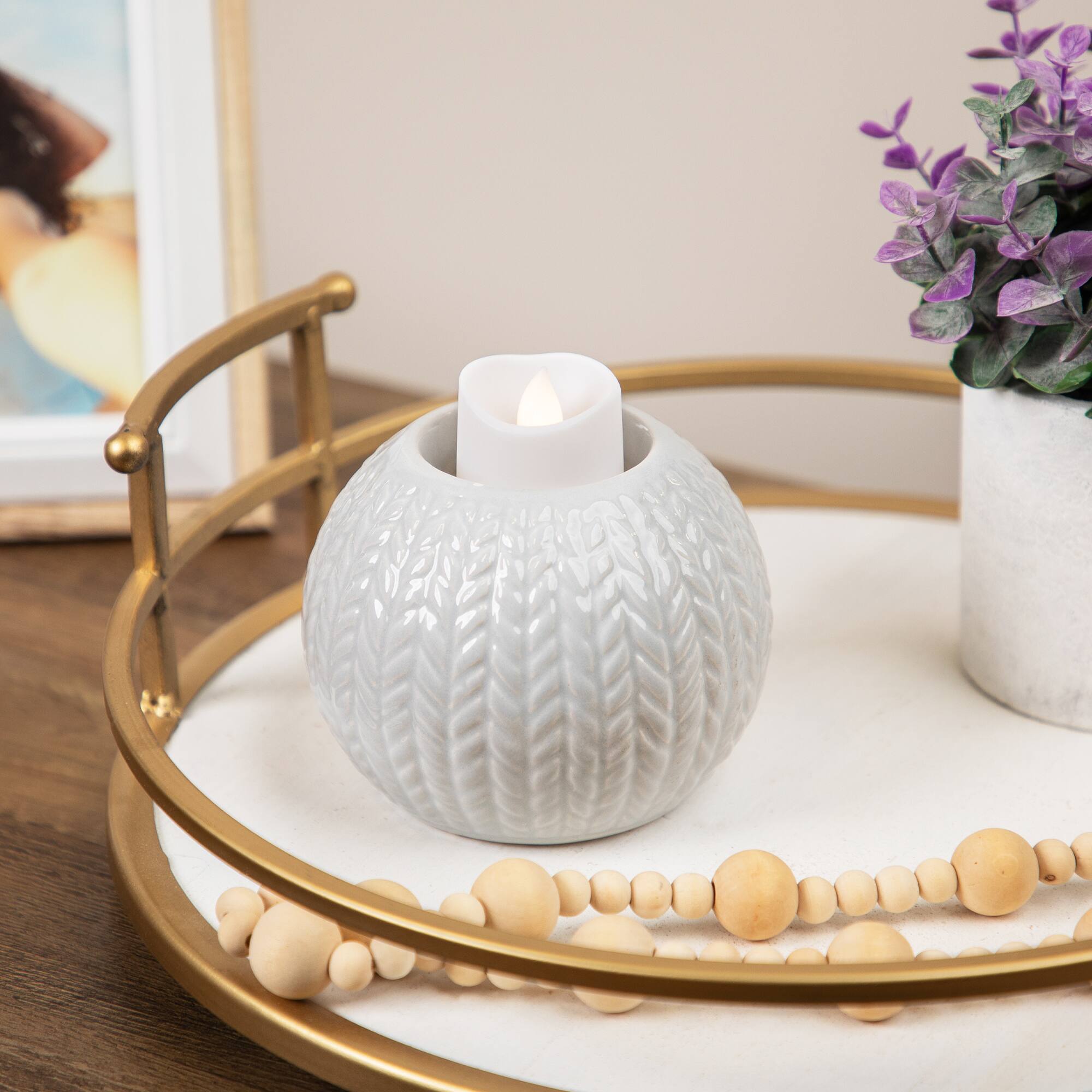 Front. Northlight - Ceramic Cable Knit Christmas Candle Holder - 3.75" - Gray - Gray.