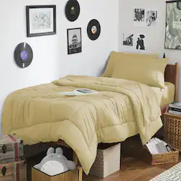 Sweet Home Collection - 7PC Campus Ready Dorm Twin XL Bedding Bundle, Solid Comforter, Bed Pillows and Sheet Set - Camel