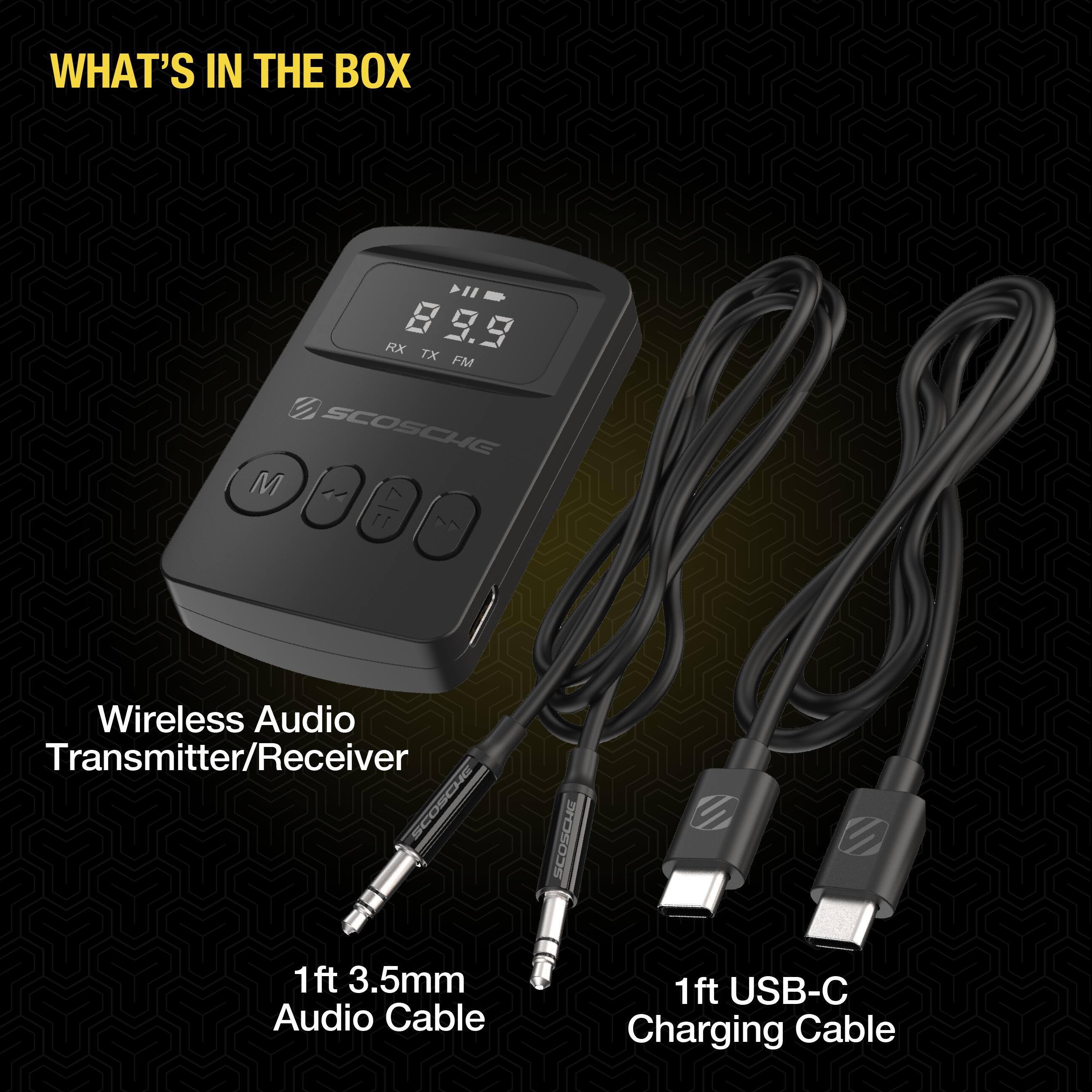 WHAT'S IN THE BOX

- Wireless Audio Transmitter/Receiver
- 1ft 3.5mm Audio Cable
- 1ft USB-C Charging Cable