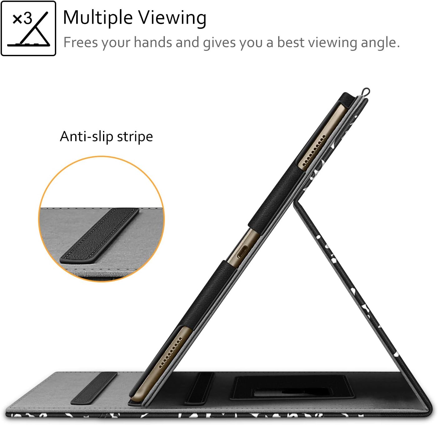 Multiple Viewing Frees your hands and gives you a best viewing angle.  
Anti-slip stripe