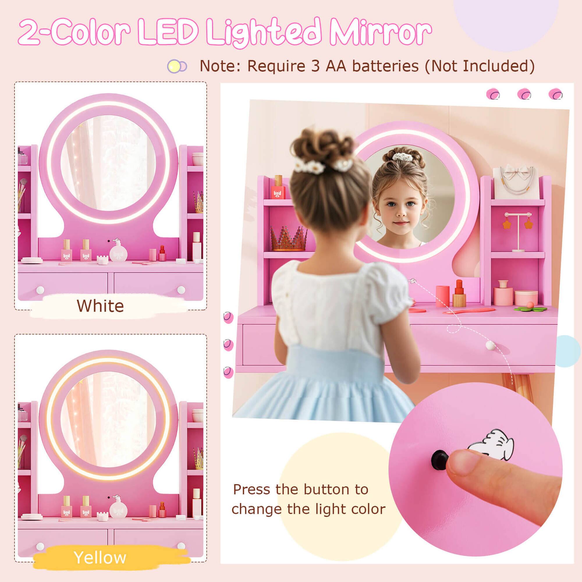 2-Color LED Lighted Mirror

Note: Requires 3 AA batteries (Not Included)

White

Press the button to change the light color

Yellow