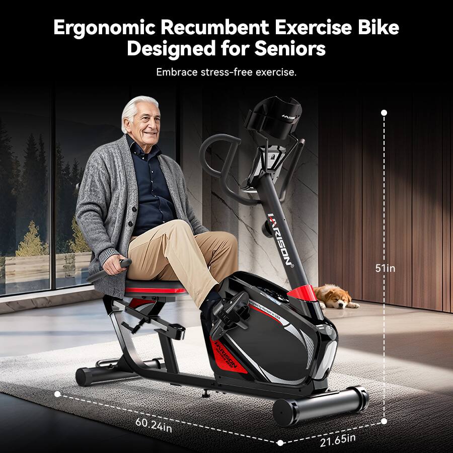 Ergonomic Recumbent Exercise Bike  
Designed for Seniors  
Embrace stress-free exercise.  

51in  
60.24in  
21.65in