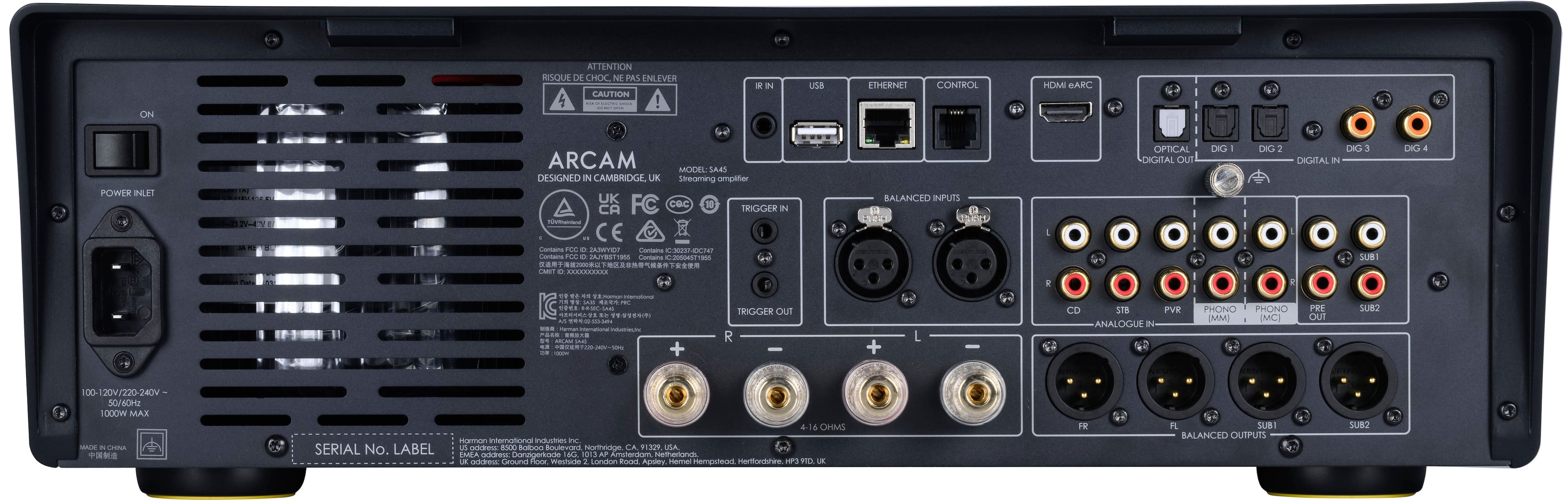 The text on the image is a description of the Arcam Model 5A4S, which is designed in Cambridge, UK. The device is a stereo amplifier with various inputs and outputs, including a phono input, a digital input, and an optical input. It also has a trigger in and out, as well as a balanced input and output. The device has a maximum power output of 1000W and supports both 100-120V and 220-240V AC power. The Arcam Model 5A4S is made by Homon International Industries in the USA.
