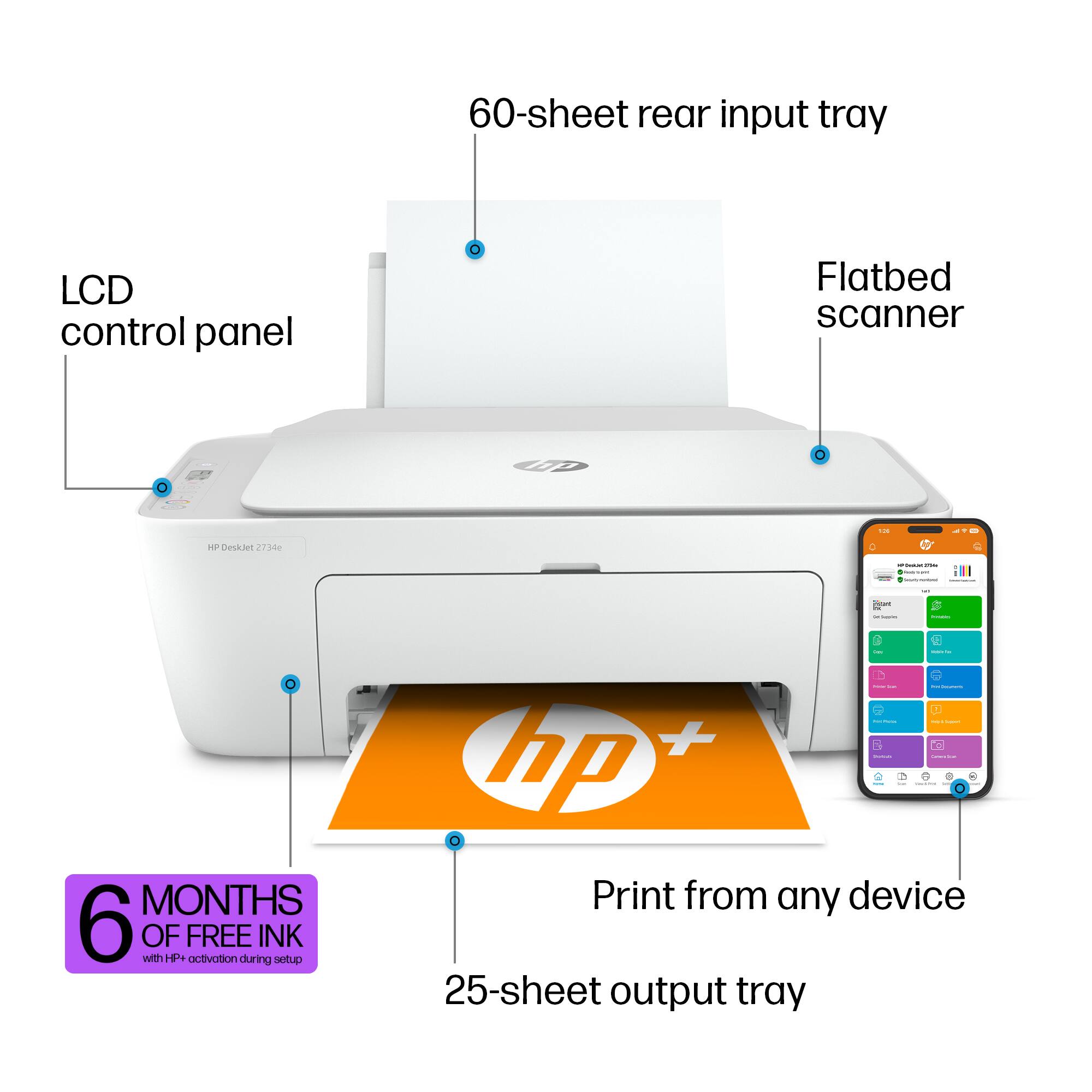 The image features a printer with a 60-sheet rear input tray, a flatbed scanner, and a control panel. The printer is designed to print from any device and has a 25-sheet output tray. The image also includes a 6-months free ink offer with HP+ activation during the ink setup process.