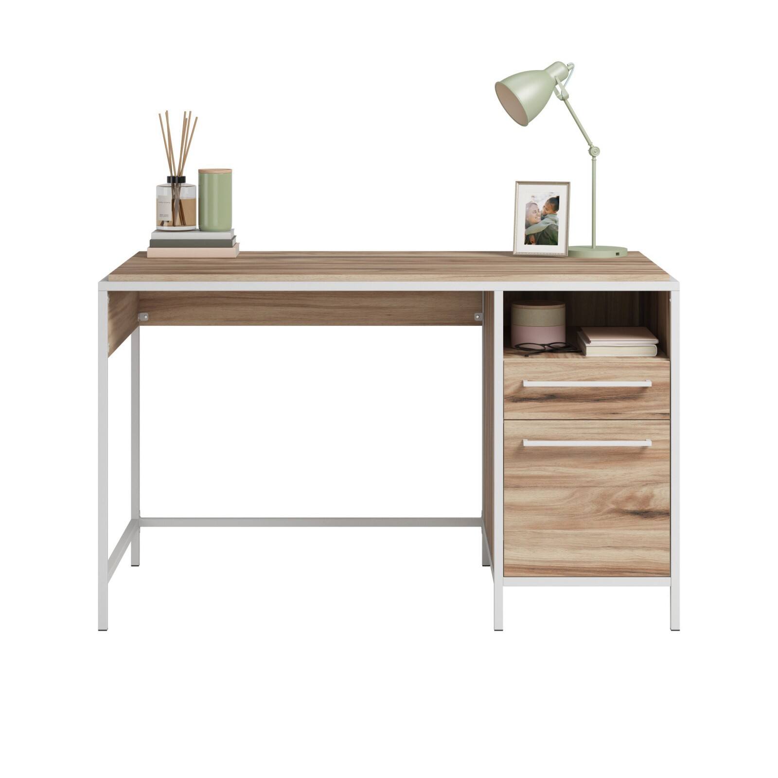 Glintex - 48.98" Modern Writing Desk with Spacious Tabletop, Storage Drawer and Cubby, Durable Metal Frame, Easy Assembly - Brown