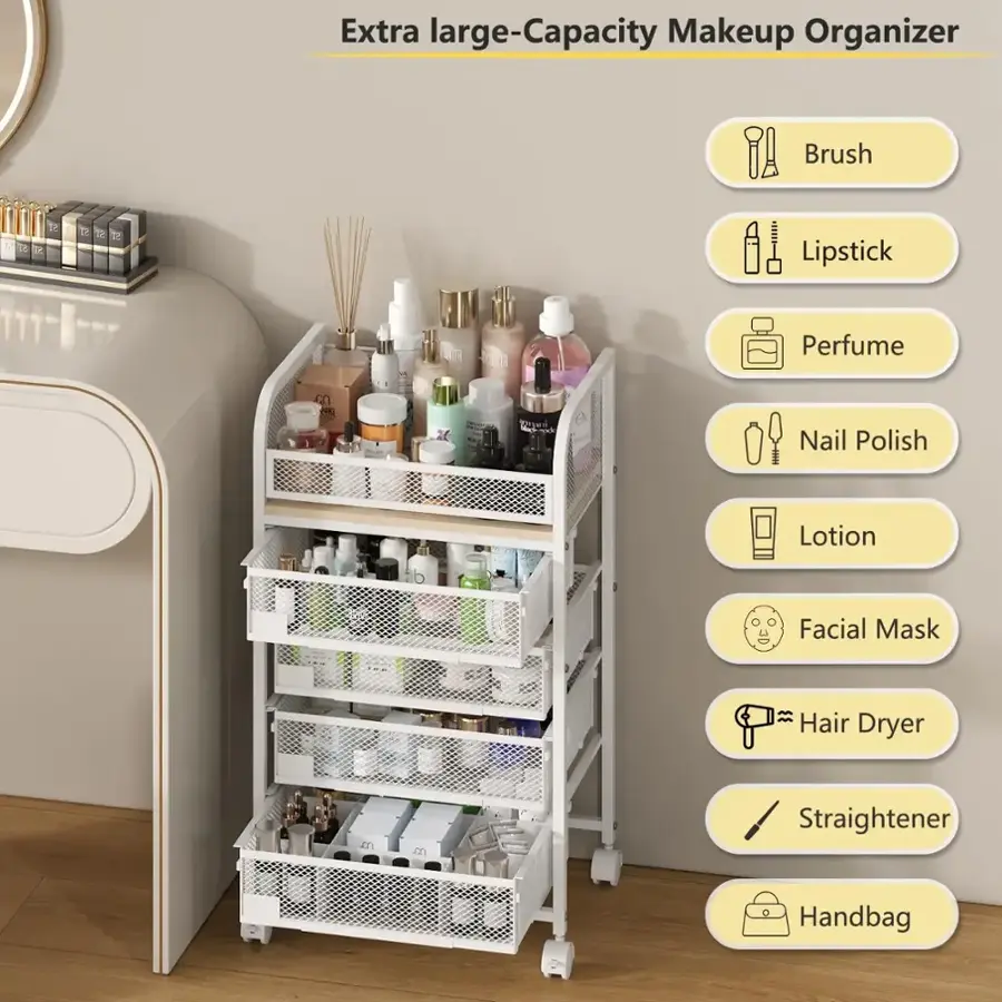 Extra Large-Capacity Makeup Organizer: Brush, T2, 1 Te De 2 Lipstick, Perfume, Nail Polish, Lotion, Facial Mask, Hair Dryer, Straightener, Handbag.