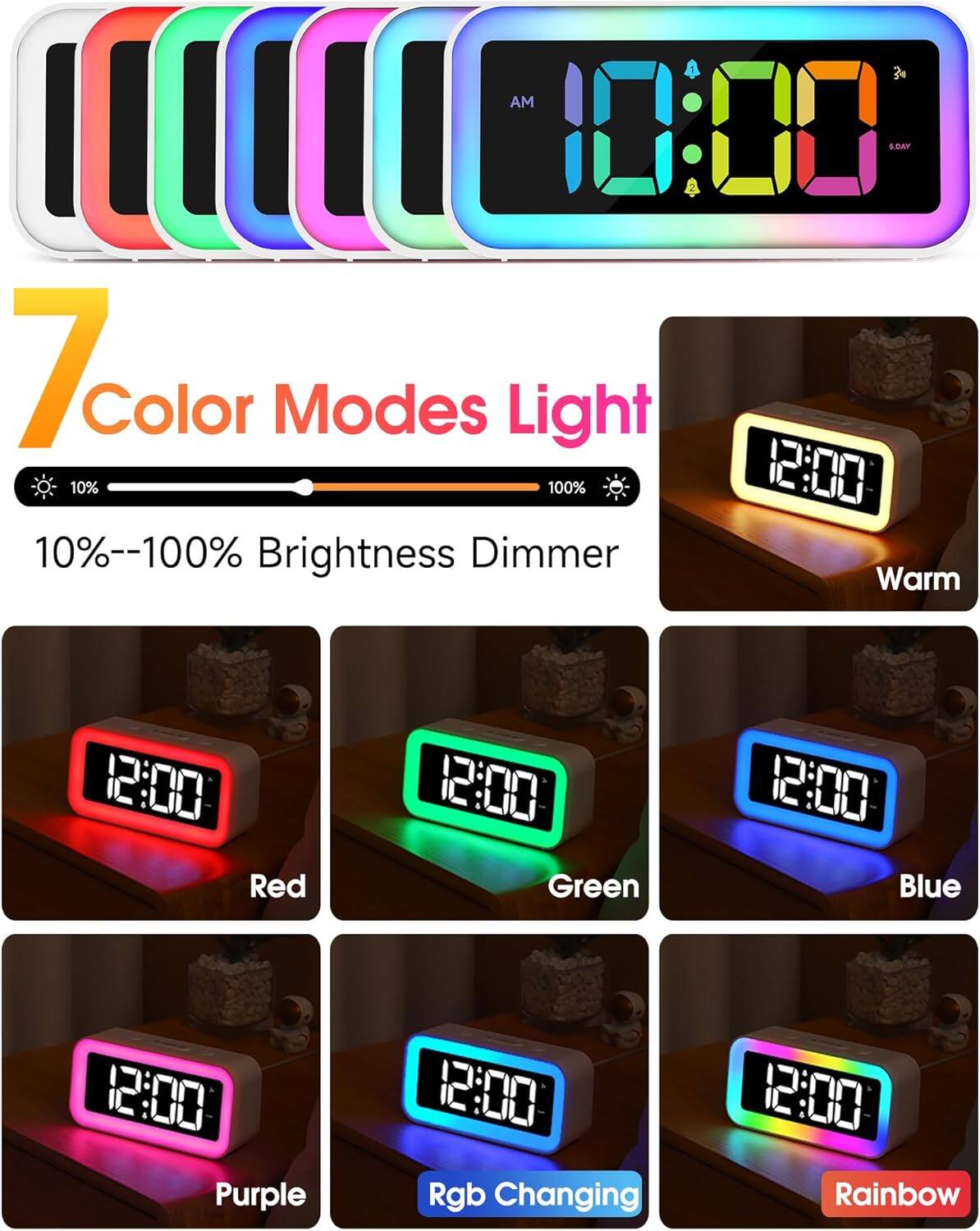 7 Color Modes Light  
10%--100% Brightness Dimmer  
Warm  
Red  
Green  
Blue  
Purple  
Rgb Changing  
Rainbow