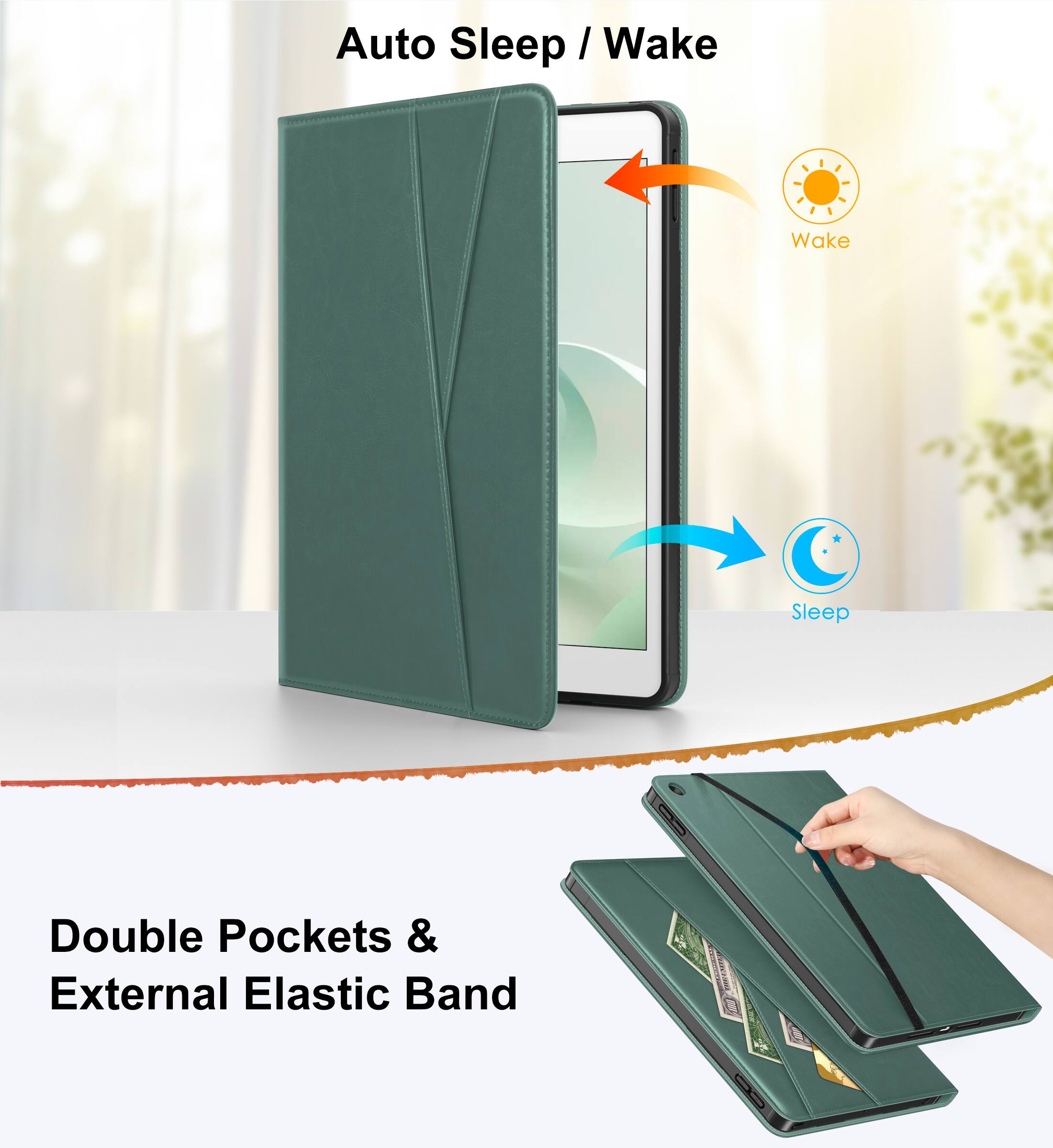 Auto Sleep / Wake

Double Pockets & External Elastic Band