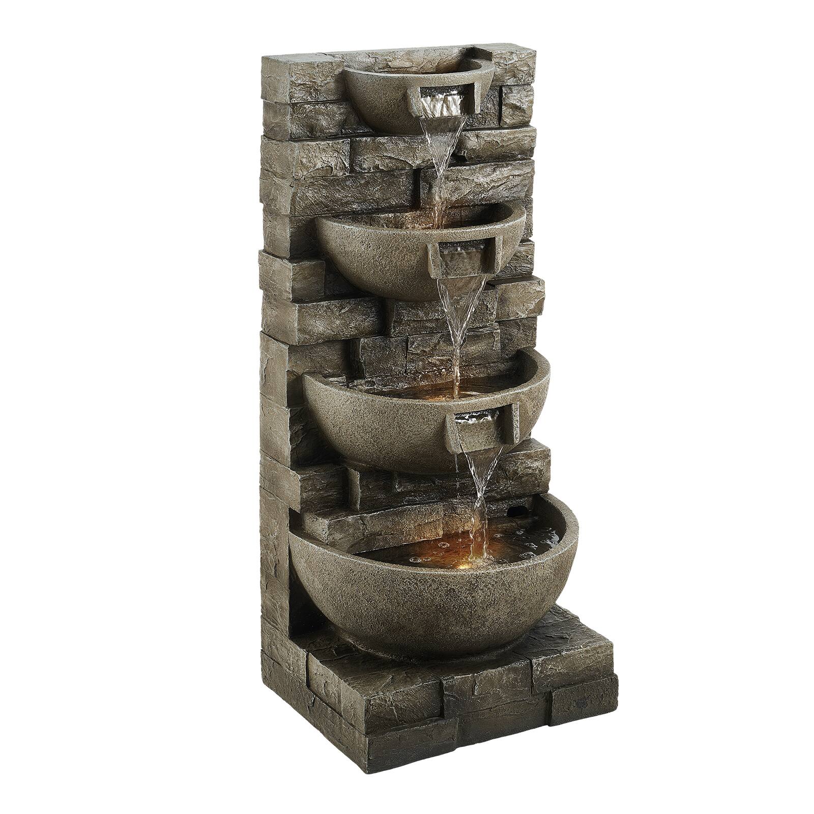 Alt View 5. VEVOR - Outdoor Water Fountain, 35.63-Inch Tall 4-Tier Cascading Design with LED Light and Pump, Modern Block Stack Style - Dark Gray.