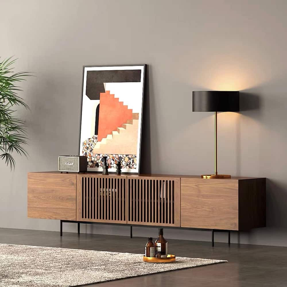 POVISON - 79" Modern Wood TV Stand, Minimalist Slatted Media Console with Tall-cast Metal Legs, Veneer - Walnut