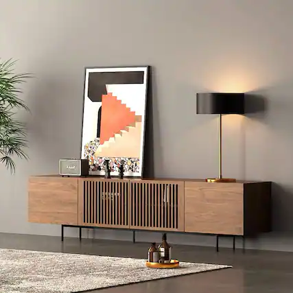 Front. POVISON - 79" Modern Wood TV Stand, Minimalist Slatted Media Console with Tall-cast Metal Legs, Walnut Veneer - Walnut.